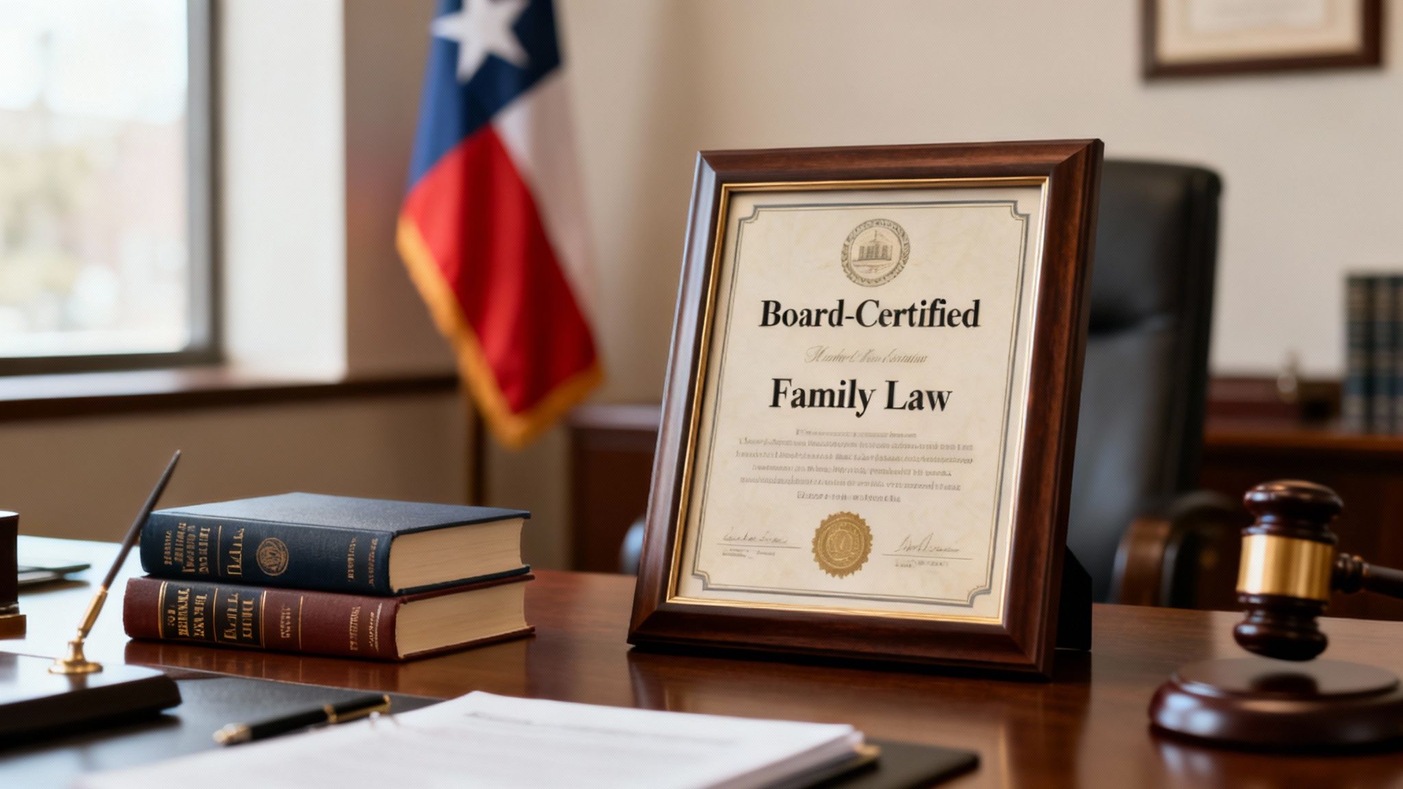 A professional legal desk featuring a framed 'Board-Certified Family Law' certificate, law books, and a gavel.