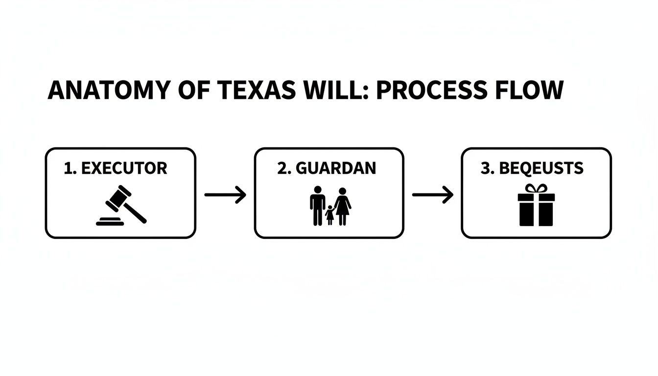 Flowchart illustrating the anatomy of a Texas will, detailing the executor, guardian, and bequests process.