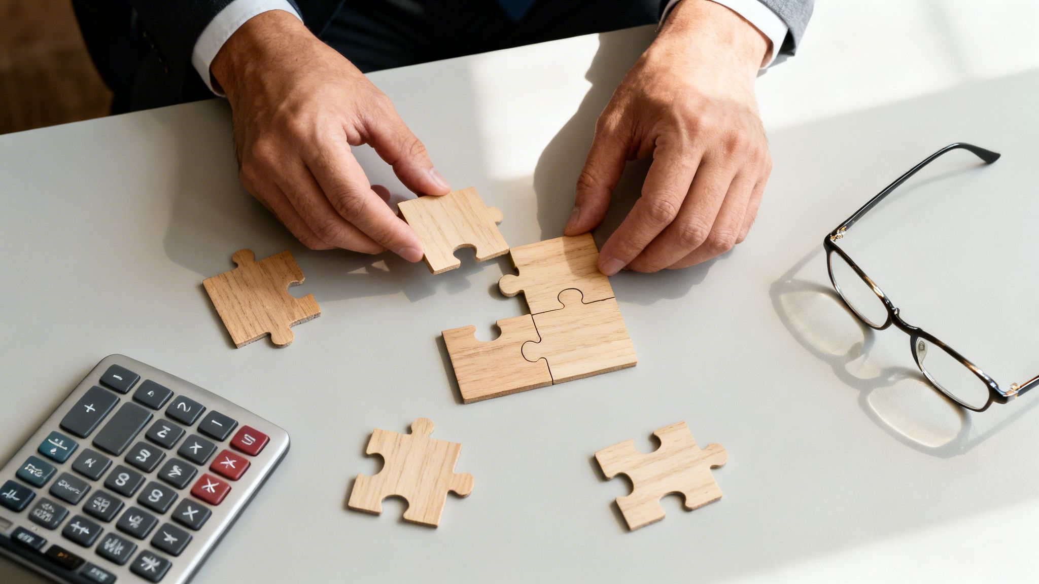 Manos uniendo piezas de un rompecabezas de madera en un escritorio, junto a una calculadora y gafas.