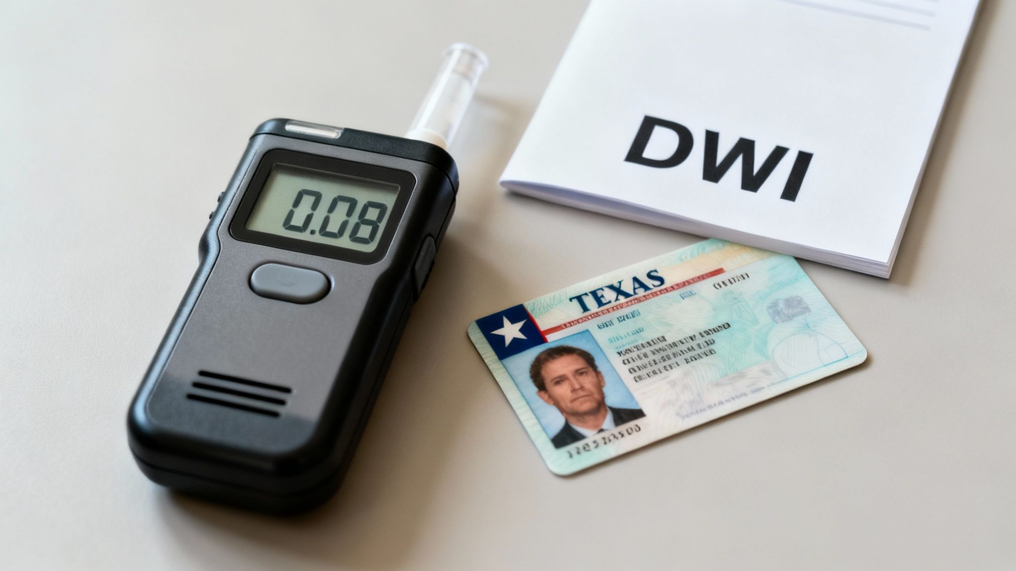 Breathalyzer reading 0.08, Texas driver's license, and DWI document, symbolizing DWI legal issues in Texas.