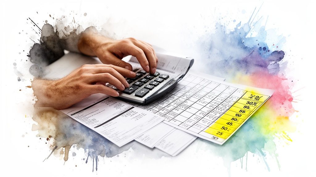 Hands operate a calculator over financial documents and a spreadsheet with highlighted figures.