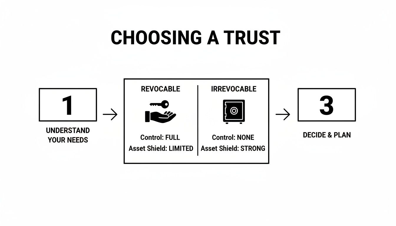 Diagram illustrating the process of choosing a trust, comparing revocable and irrevocable options.