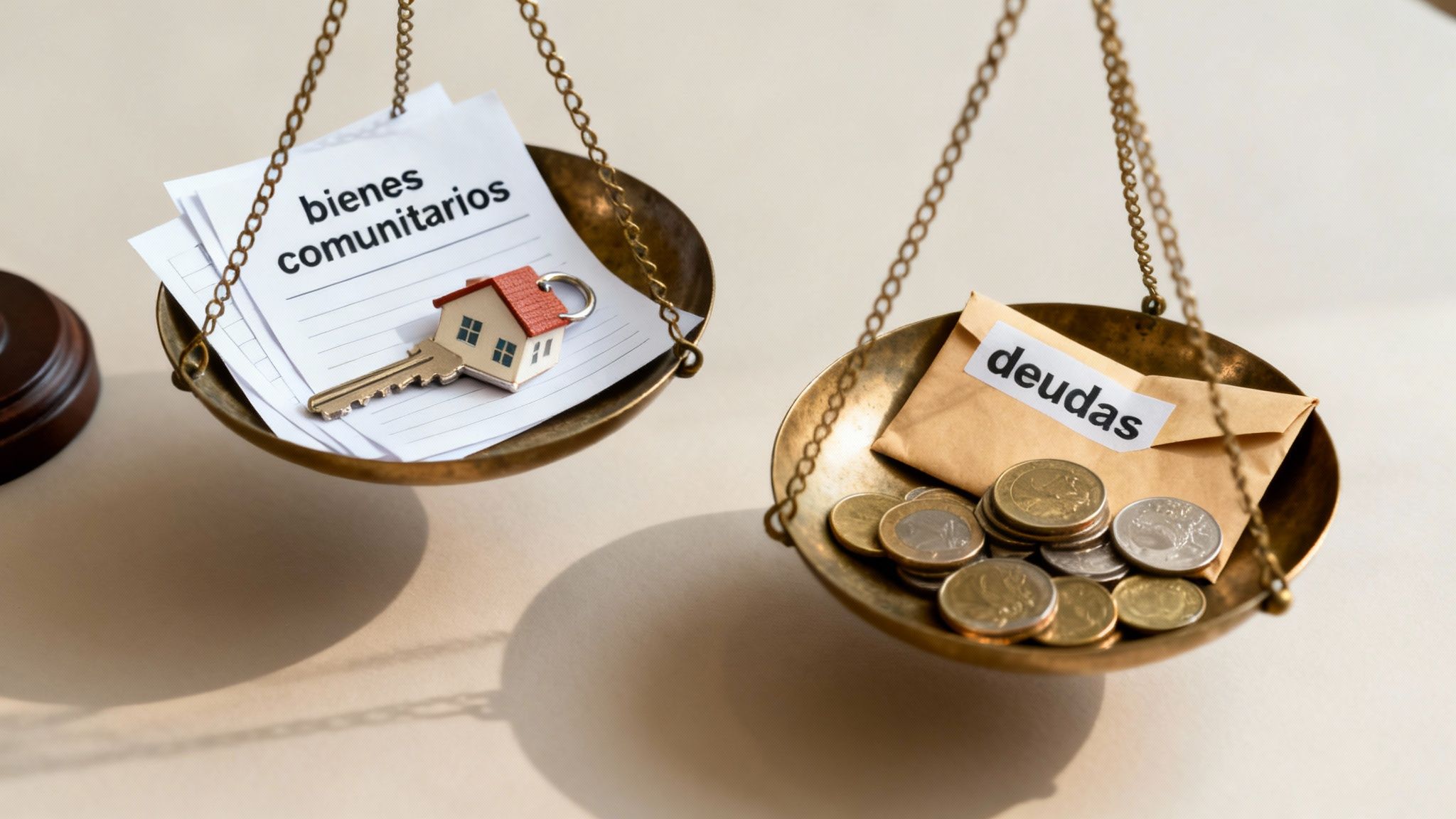 Una balanza de justicia equilibrando bienes comunitarios (propiedades) y deudas (monedas), simbolizando la división legal.