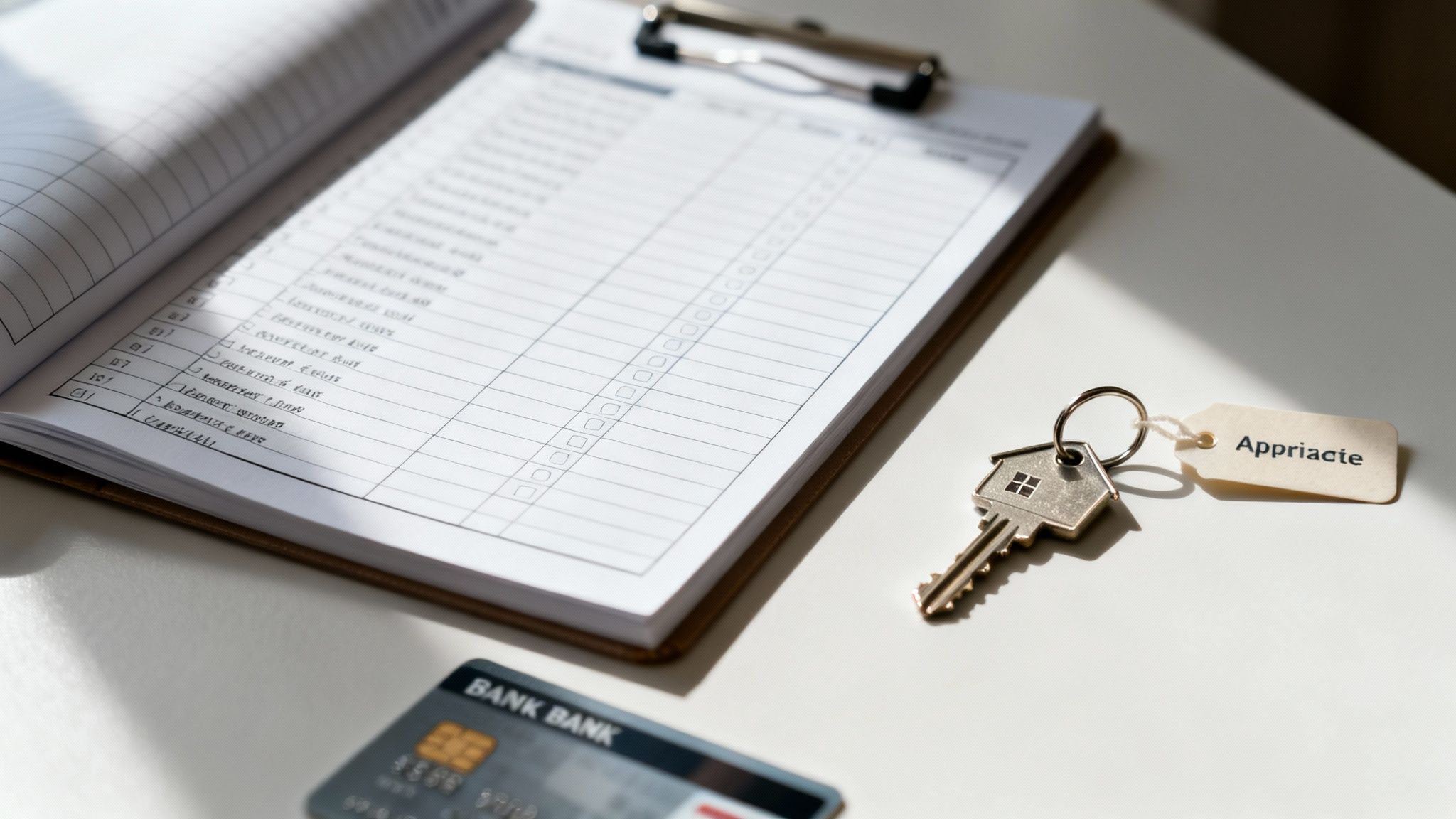 A ledger checklist, house key with 'Appriacie' tag, and credit card on a white desk.