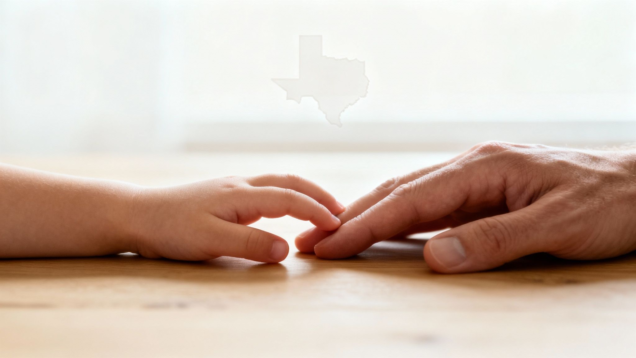 An adult's hand and a child's hand reaching for each other on a table, with a faint Texas map.