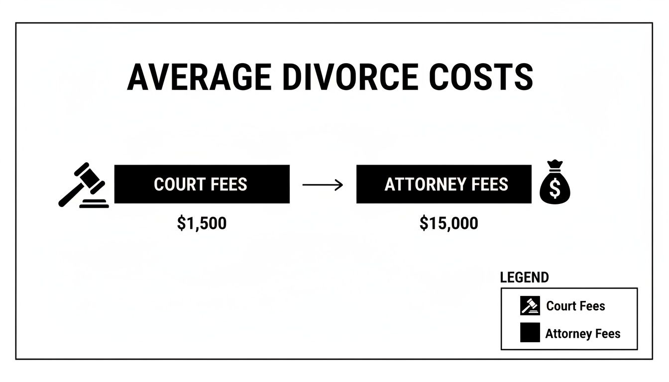 Diagram illustrating average divorce costs, showing $1,500 for court fees and $15,000 for attorney fees.