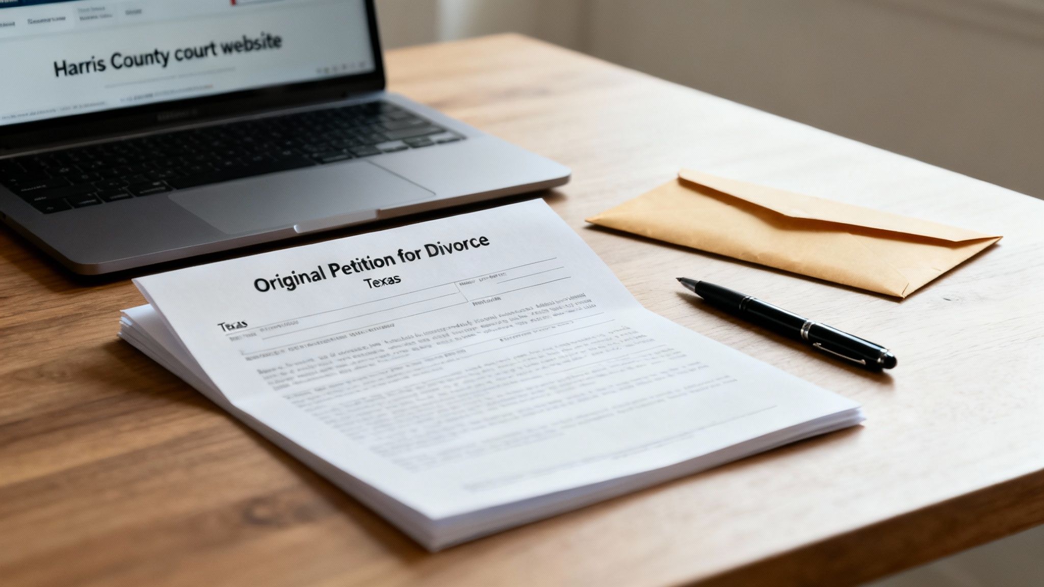 A person carefully filling out legal forms at a wooden desk with a laptop nearby.