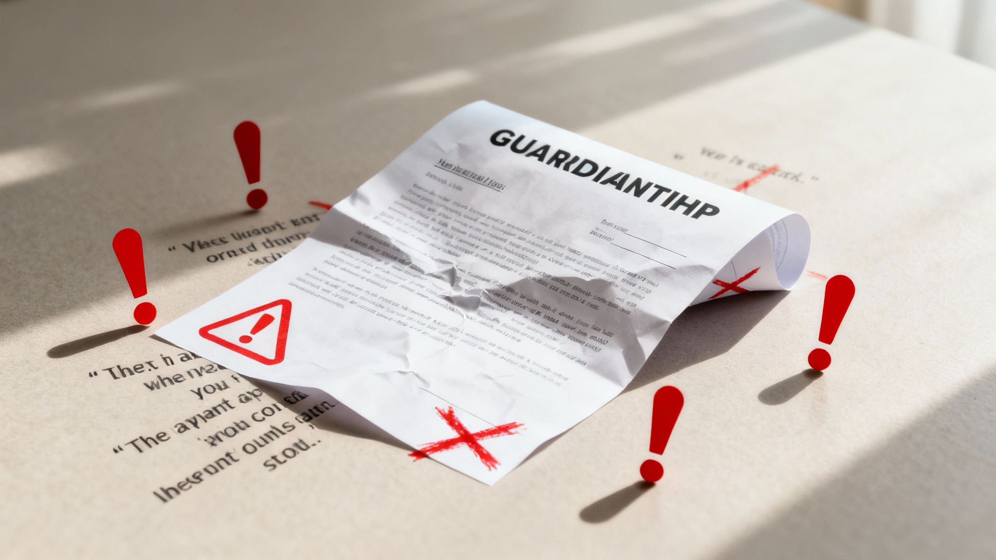 Crumpled guardianship letter with warning symbols, emphasizing common mistakes in legal documentation for Texas probate process.
