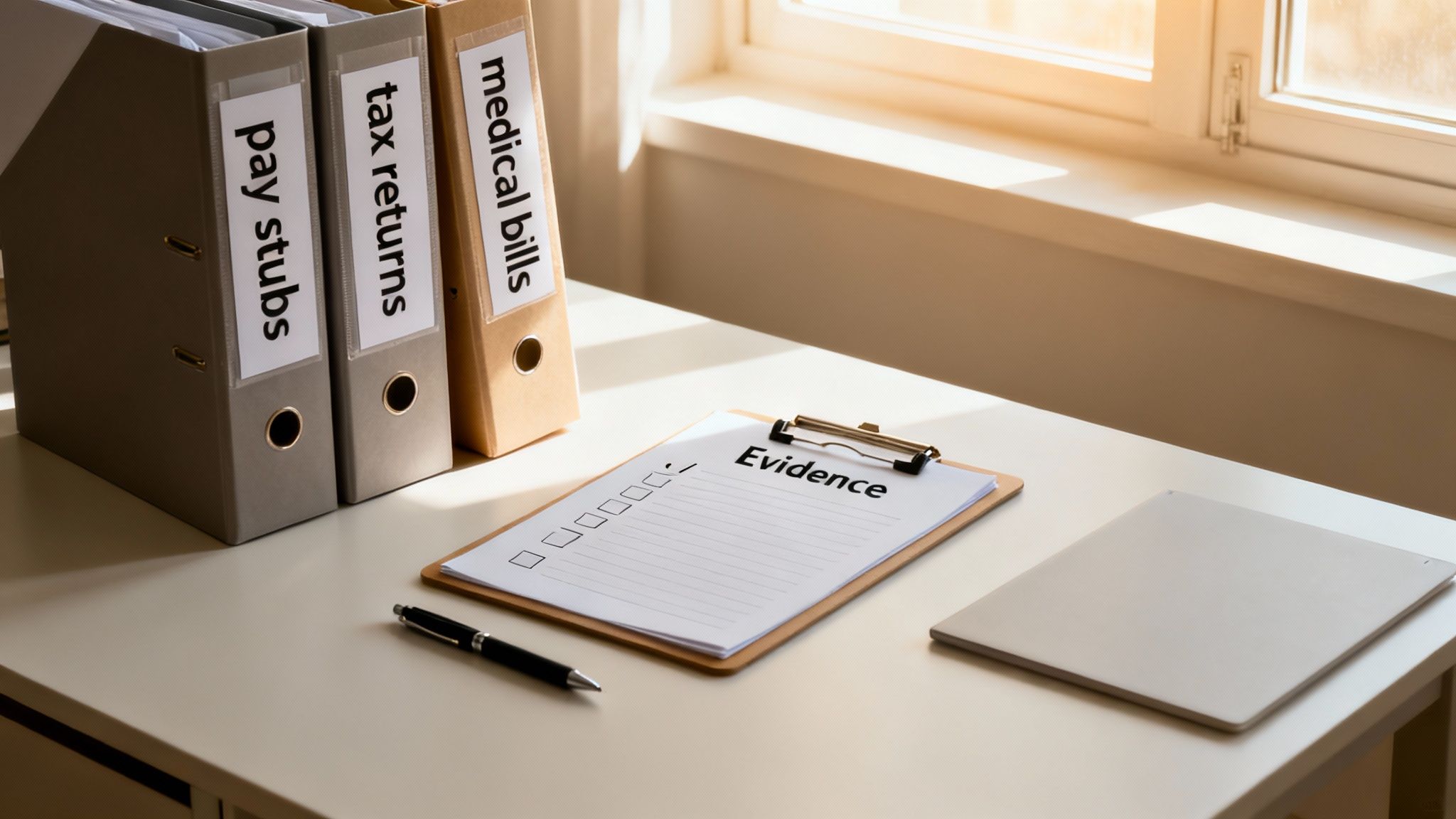 Three binders for pay stubs, tax returns, and medical bills next to a clipboard titled 'Evidence' on a desk.