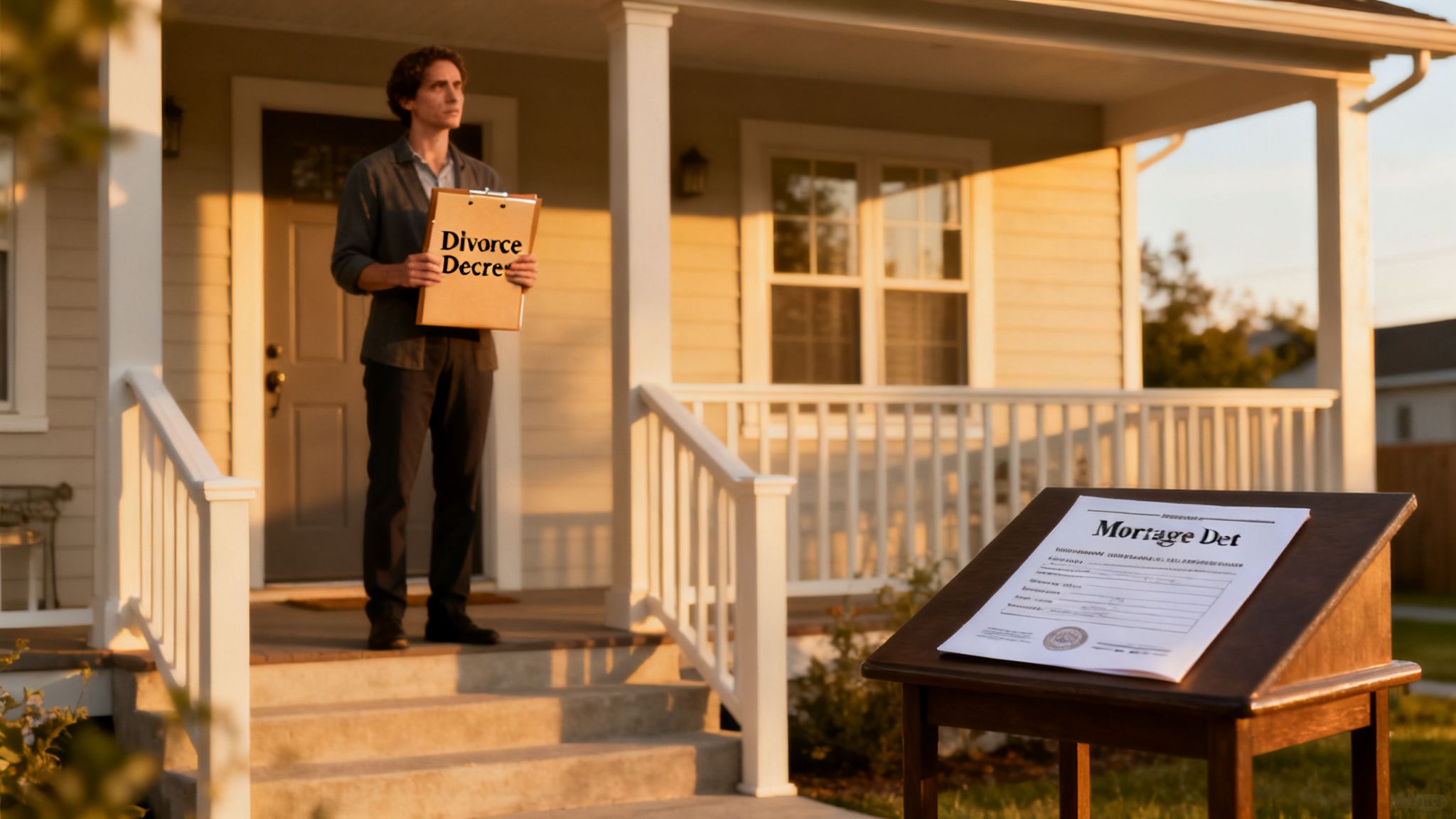 Man holding a divorce decree on a porch, with a mortgage document displayed nearby.