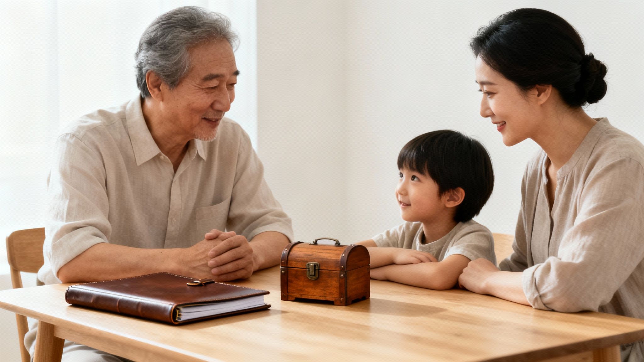 A multi-generational Asian family smiles and interacts around a table with a treasure chest and notebook.