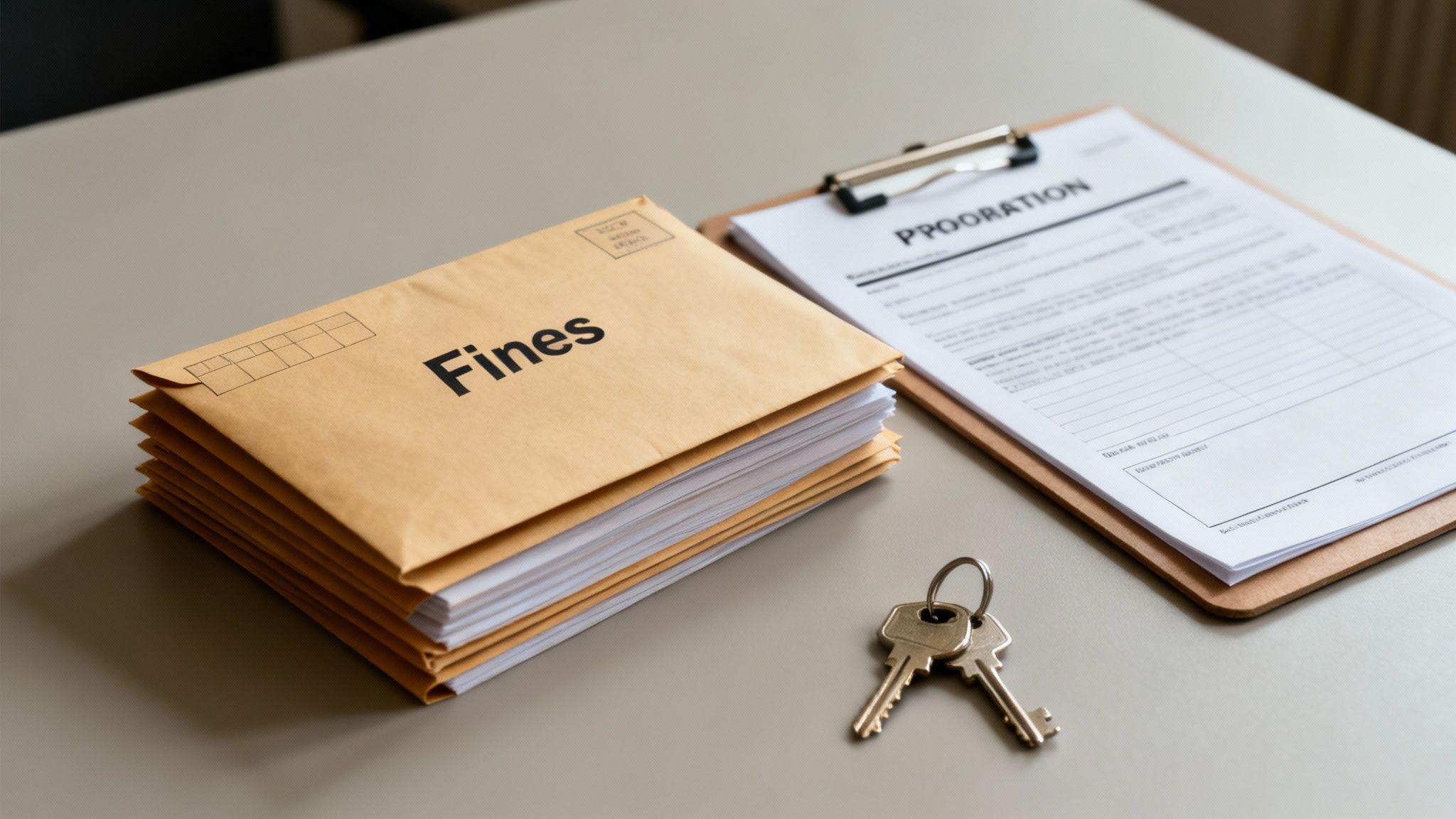 A stack of brown envelopes labeled 'Fines' next to a prorate document and house keys on a desk.