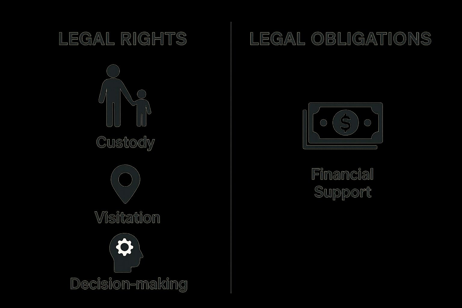 An infographic comparing the legal rights (Custody, Visitation, Decision-making) and legal obligations (Financial Support) that come with signing an Acknowledgment of Paternity.