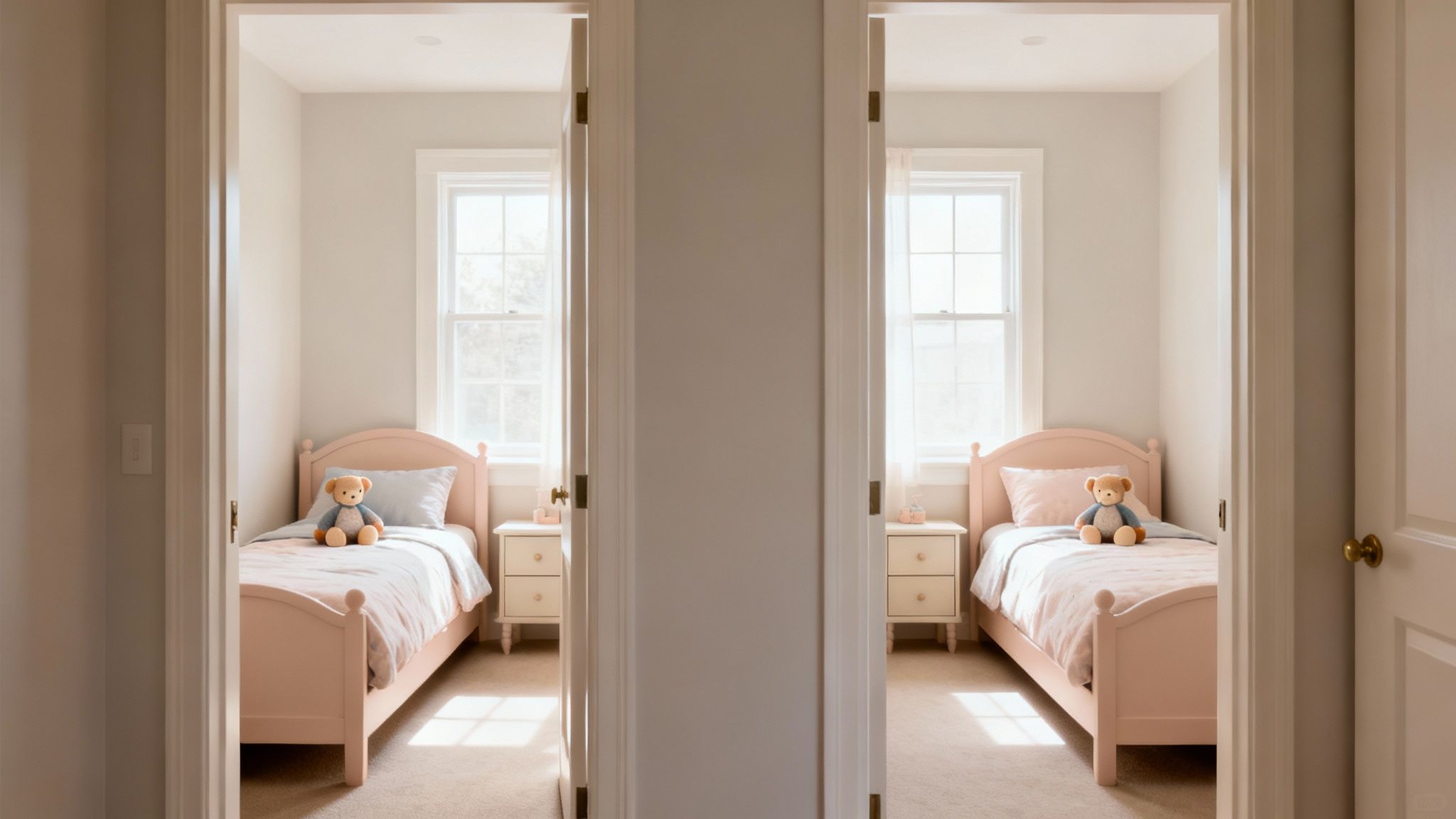 Two identical children's bedrooms, each with a pink bed, teddy bear, and sunlit window.