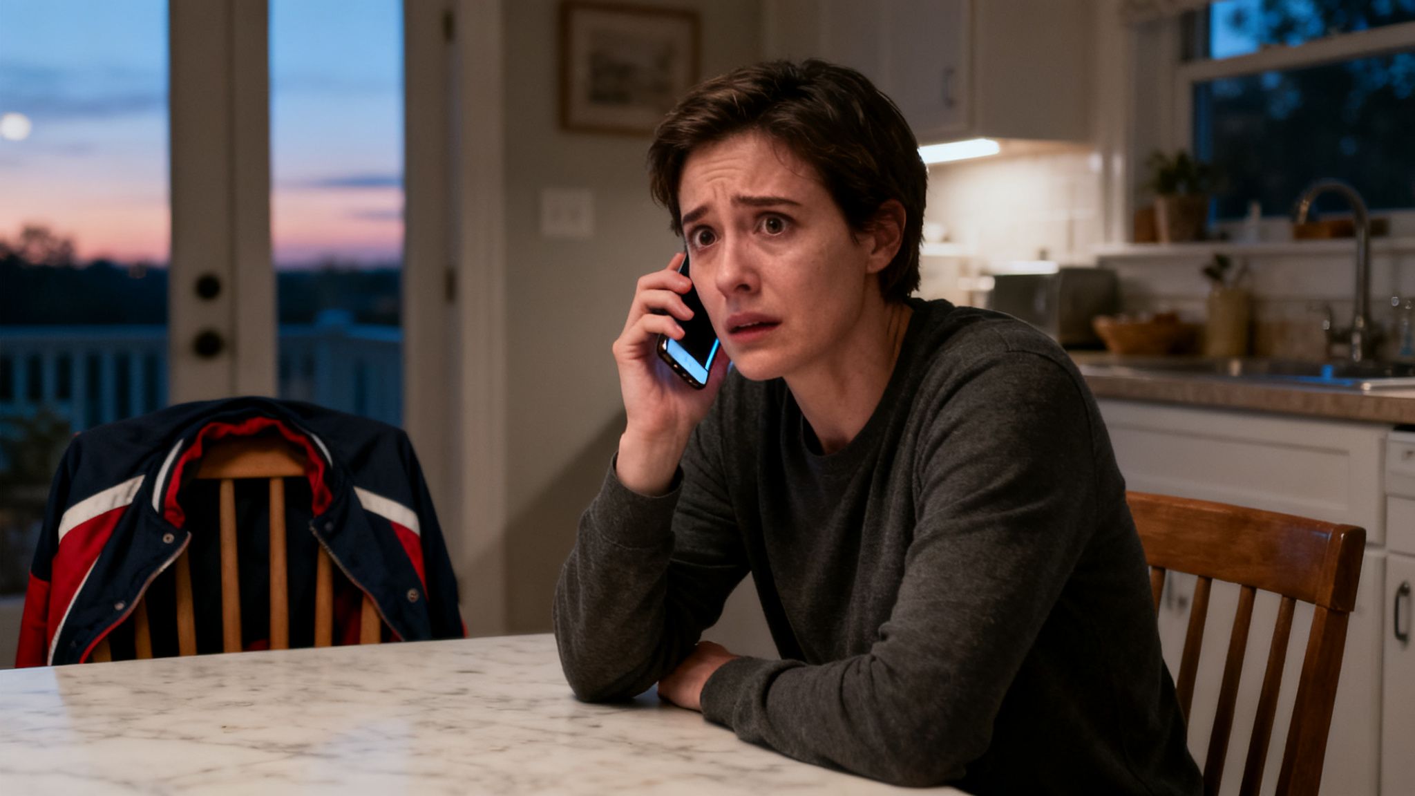 A distressed woman with short hair on a phone call in a kitchen, a jacket on a chair, dusk outside.