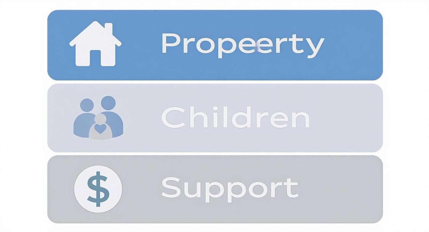 Three icons representing property division, children custody, and financial support in divorce proceedings