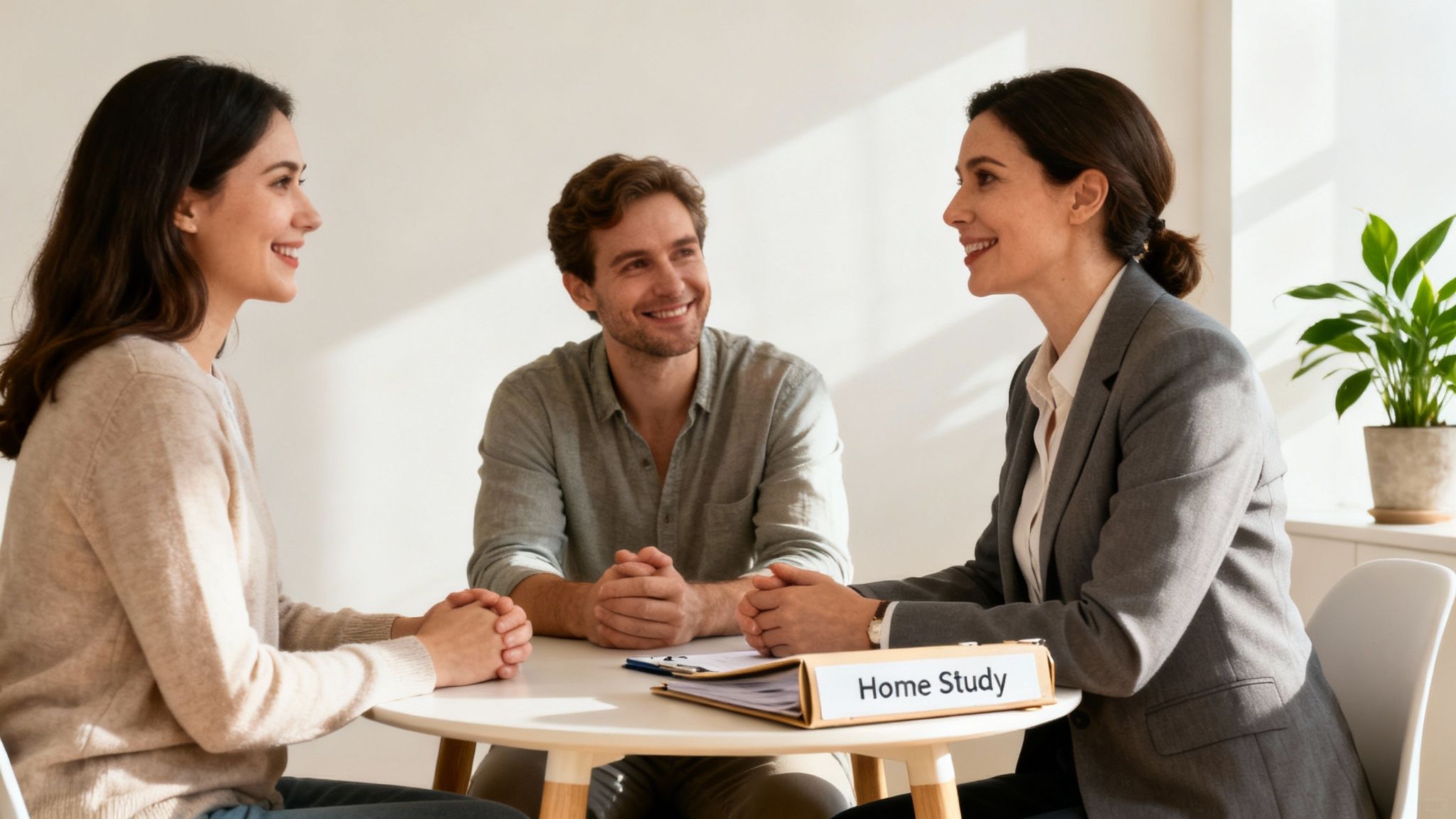 A smiling couple consults with a female professional at a table with a 'Home Study' folder.