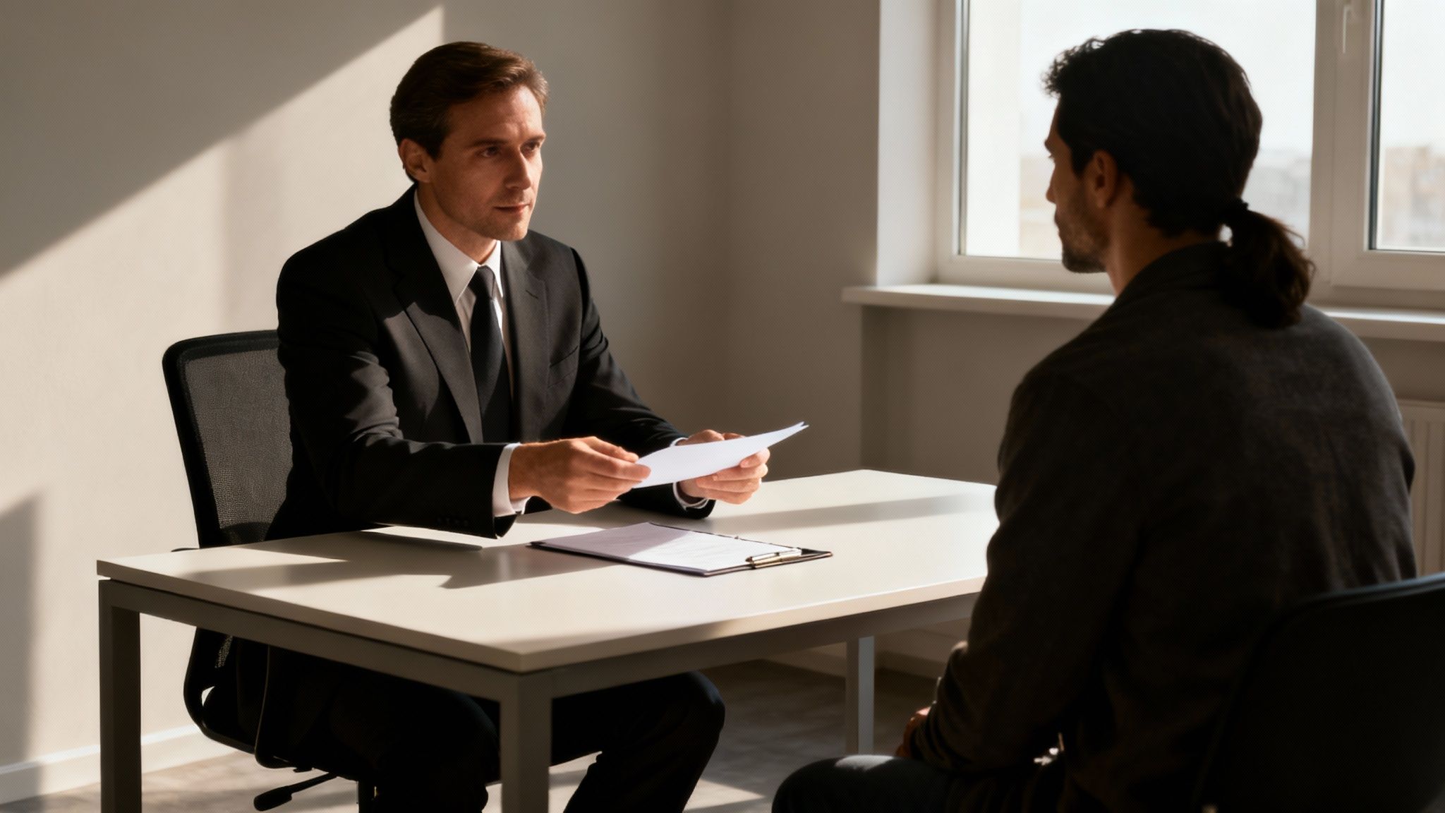 Lawyer consulting with a client in a formal setting, discussing tenant rights and legal options related to landlord disputes in Texas.