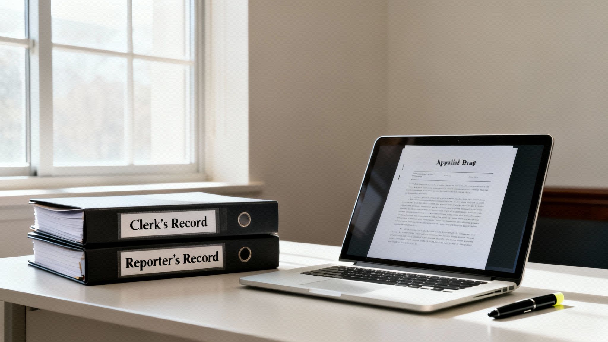 Court binders labeled 'Clerk's Record' and 'Reporter's Record' next to a laptop showing an appellate brief document.