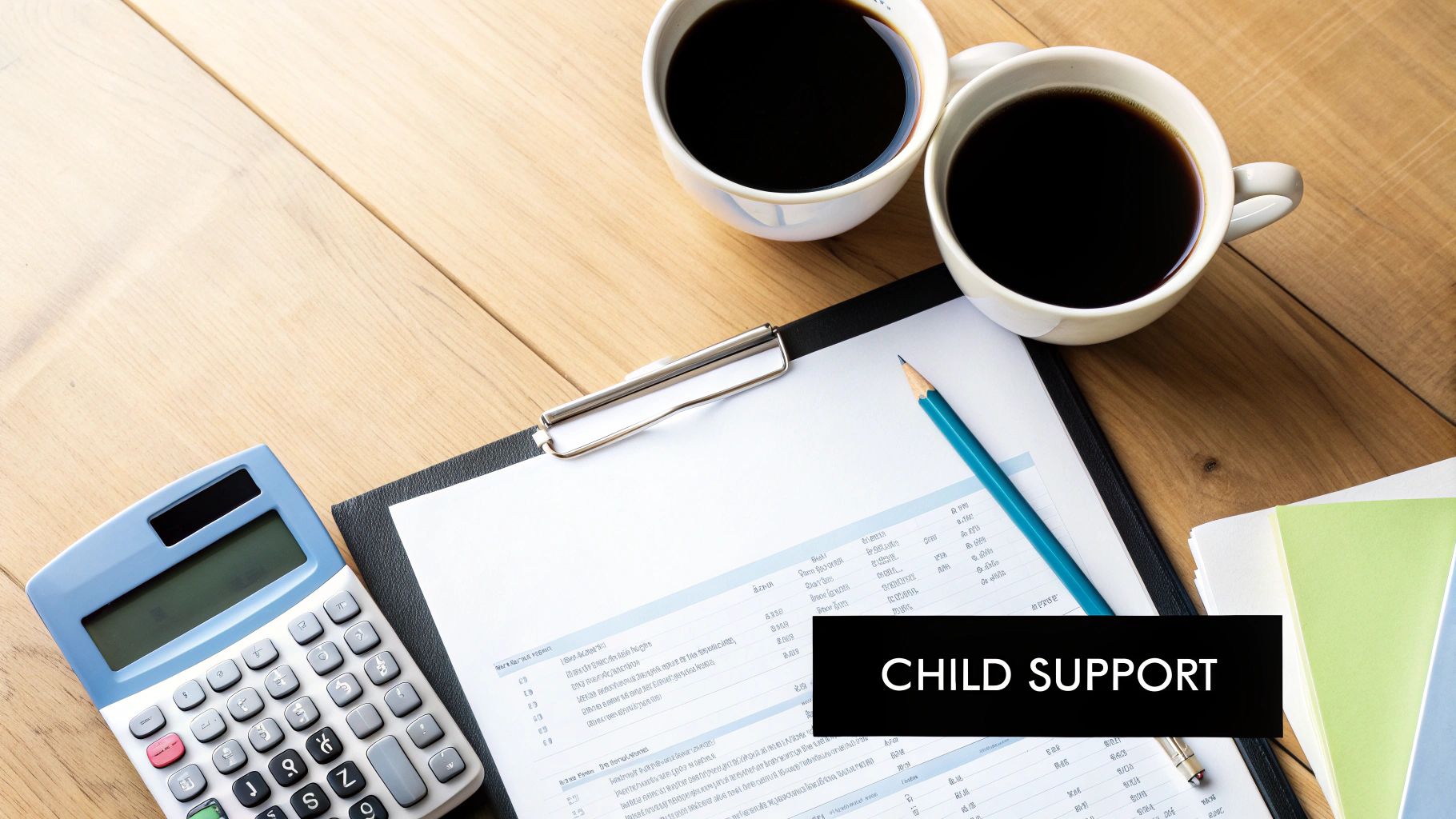 Overhead view of a desk with calculator, financial documents, coffee, and 'CHILD SUPPORT' text.