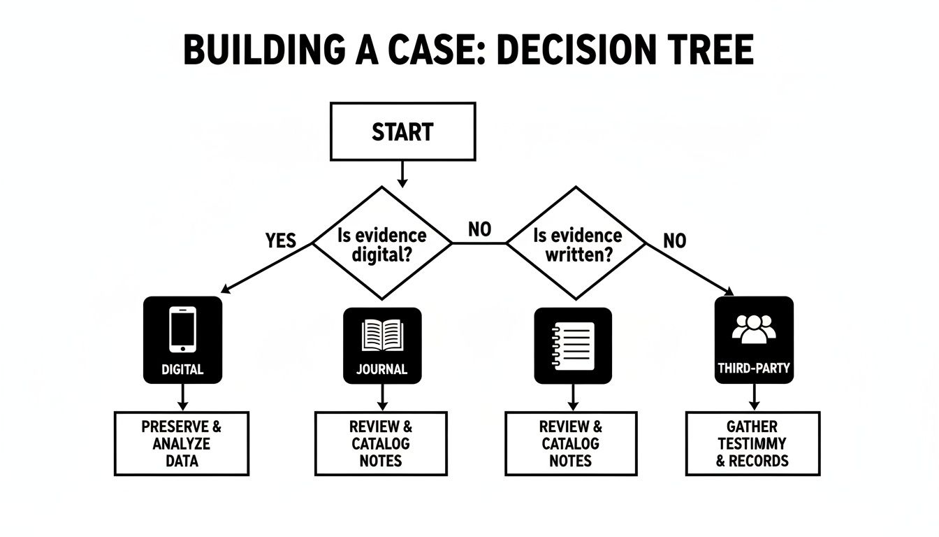 Decision tree flowchart for building a case, categorizing evidence as digital, written, or third-party for analysis.