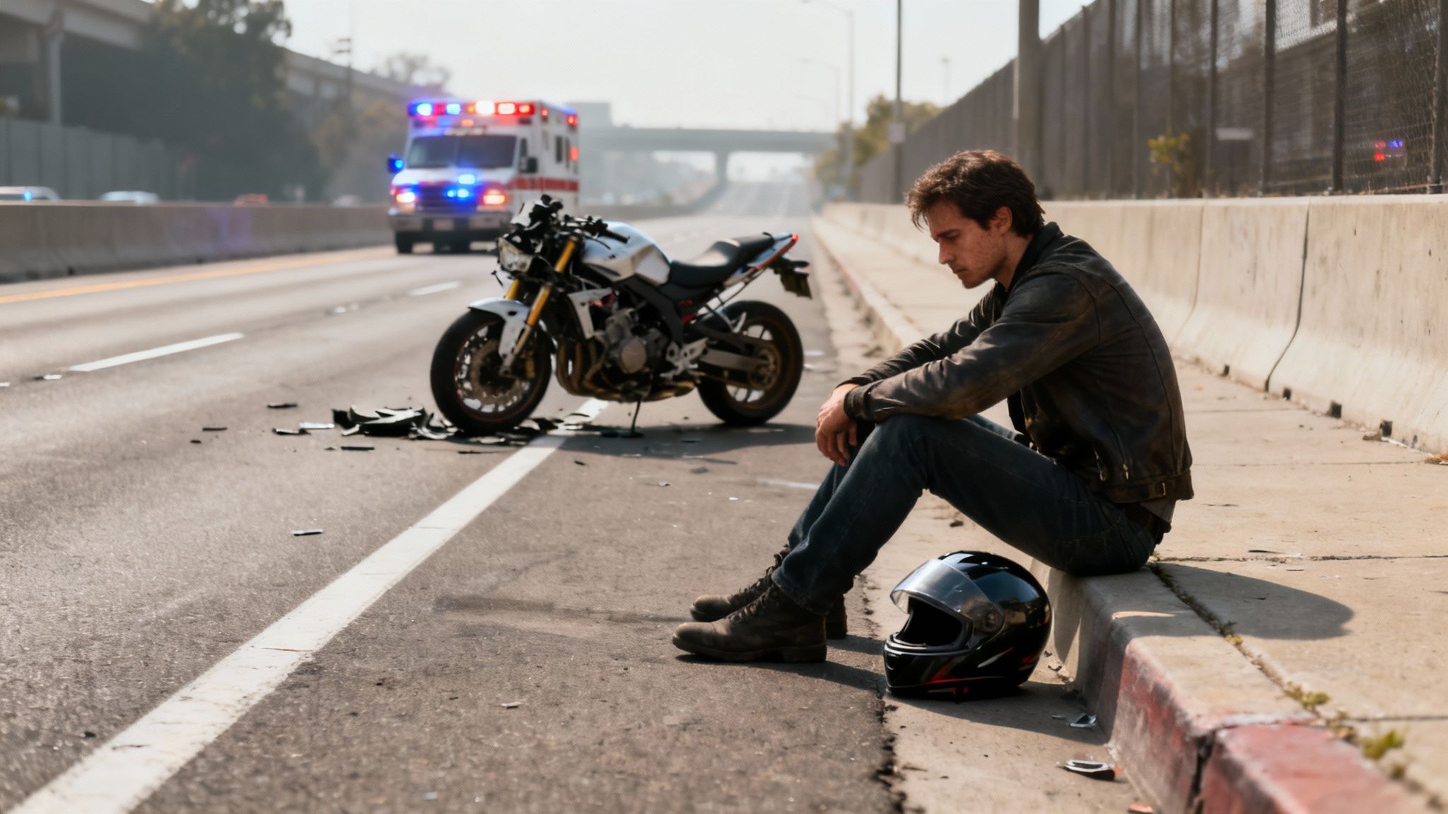 A distressed man sits on a highway shoulder next to a crashed motorcycle, with an ambulance approaching.