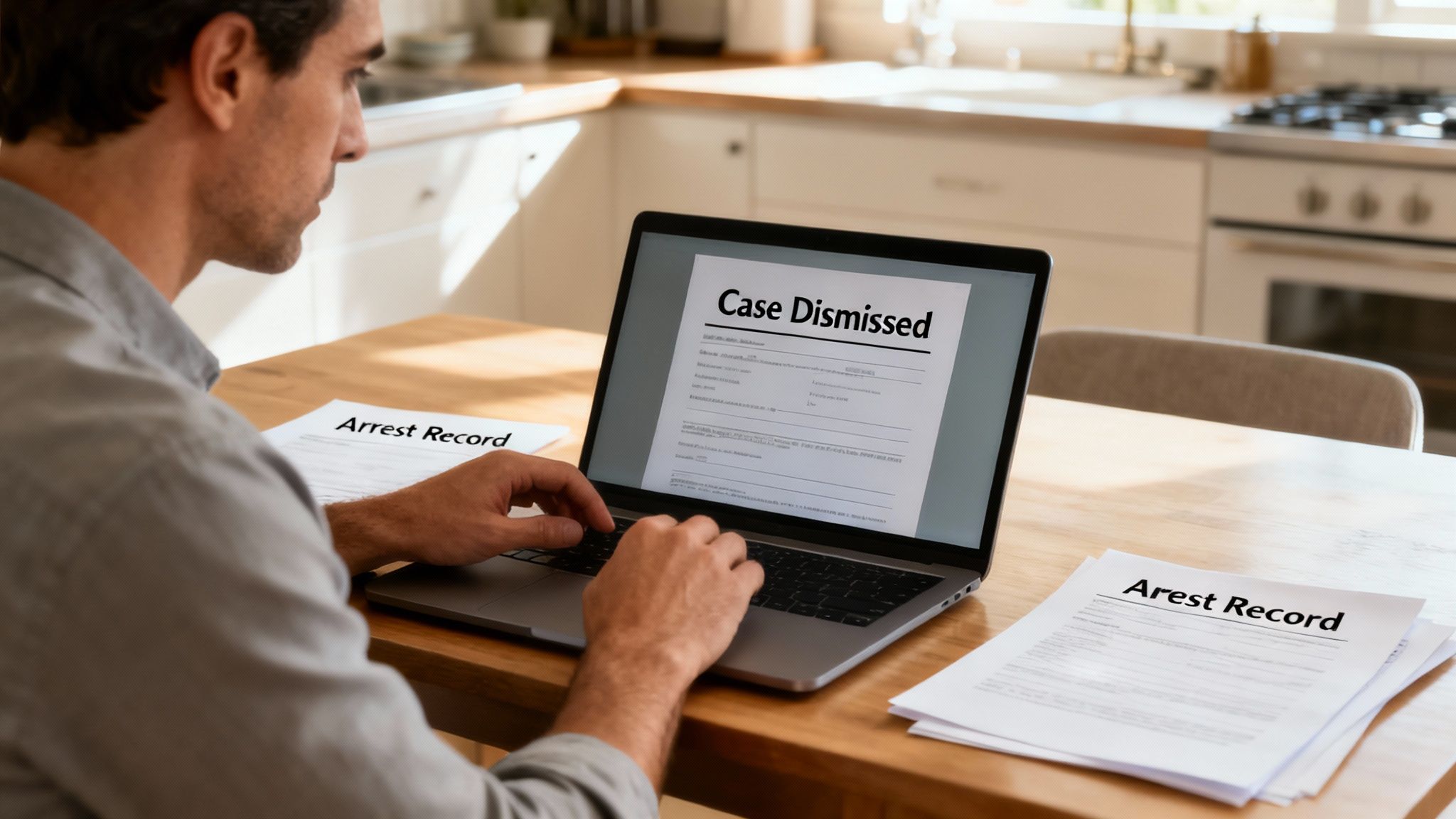 A person looking at a legal document with a magnifying glass, determining eligibility.