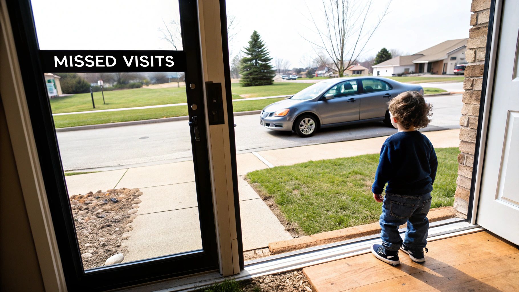 A young child stands at an open doorway, looking out at a street with a car, next to a 'MISSED VISITS' sign.
