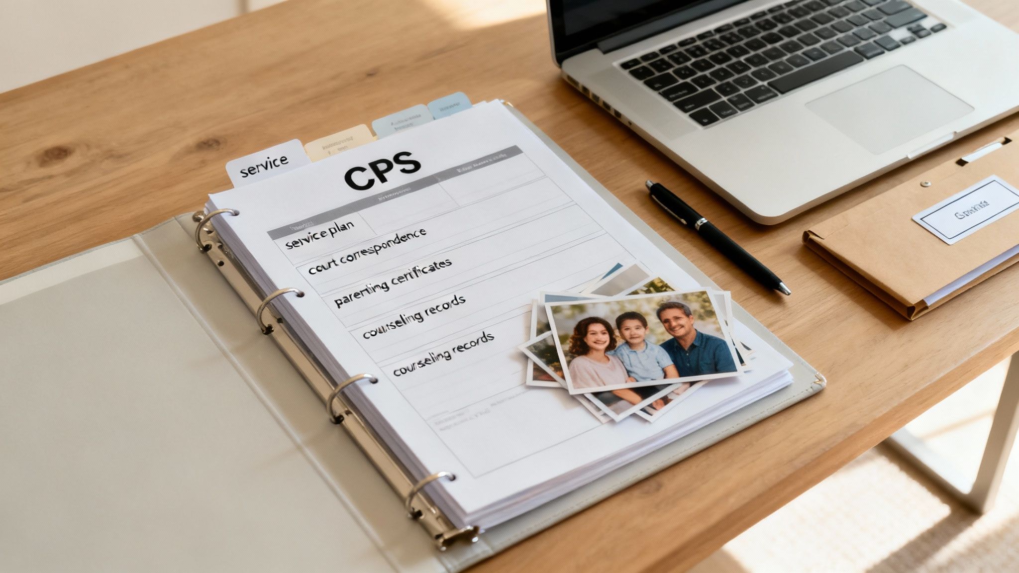 A person diligently organizing paperwork in a binder, symbolizing preparation for a legal meeting.