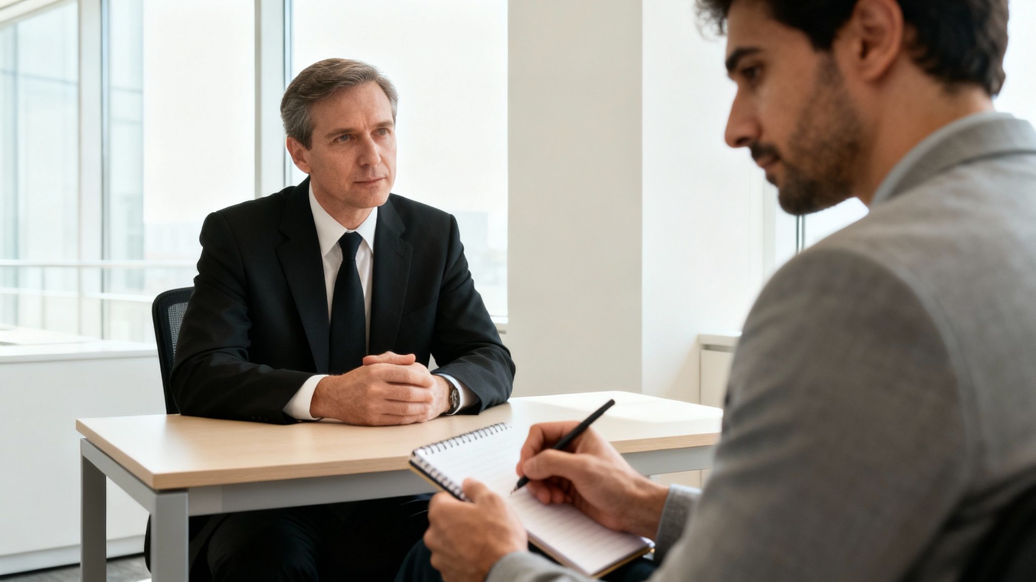 Professional attorney meeting with a client in a modern office setting, discussing legal fees and defense strategies for DWI cases.