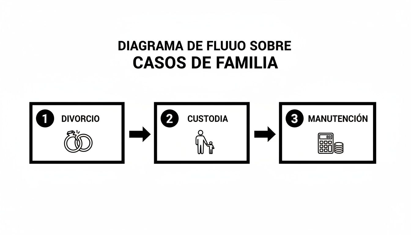 Diagrama de flujo que ilustra los pasos en casos de familia: divorcio, custodia y manutención.