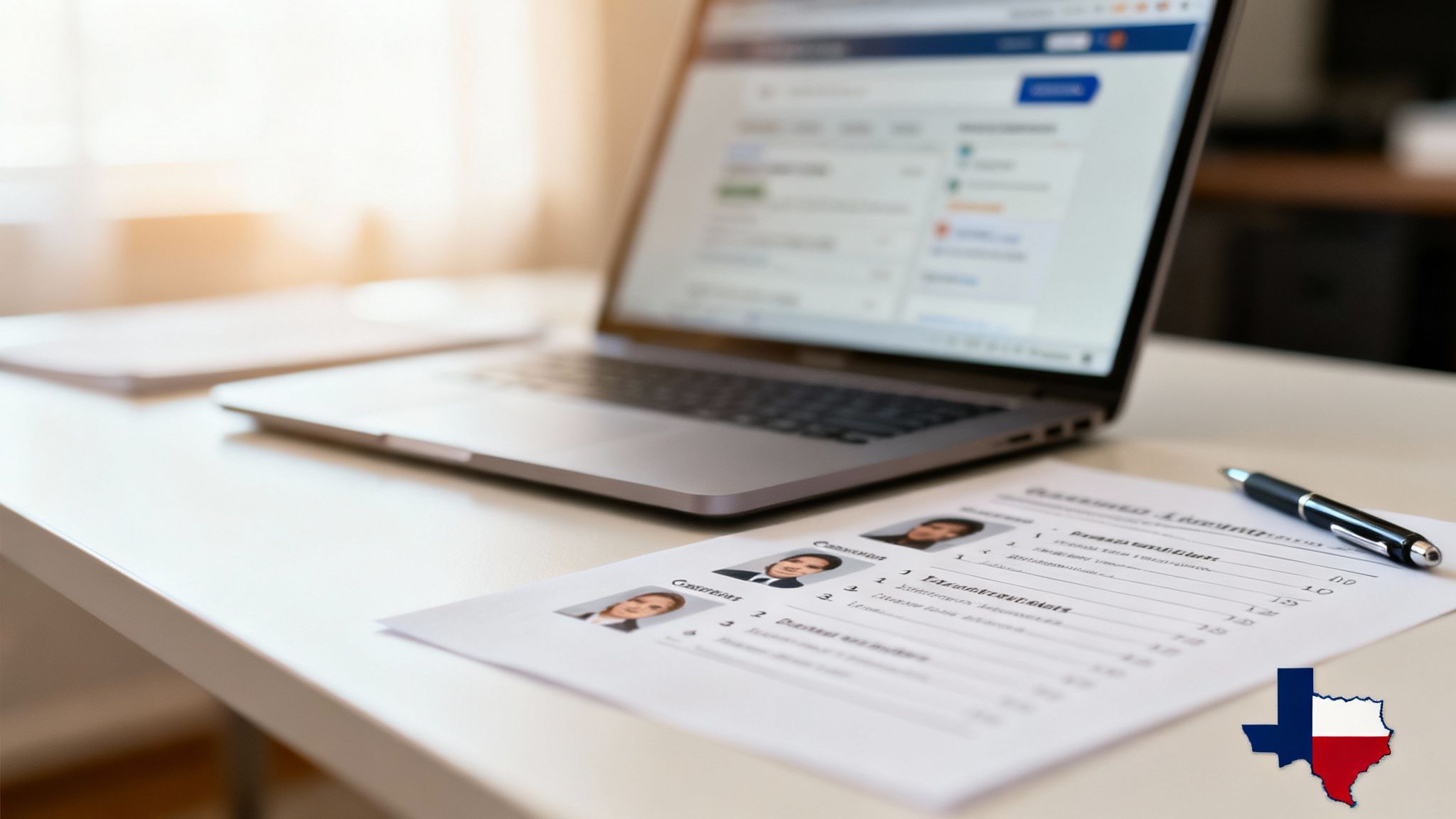A close-up of a desk with a laptop, application forms with candidate photos, and a pen.