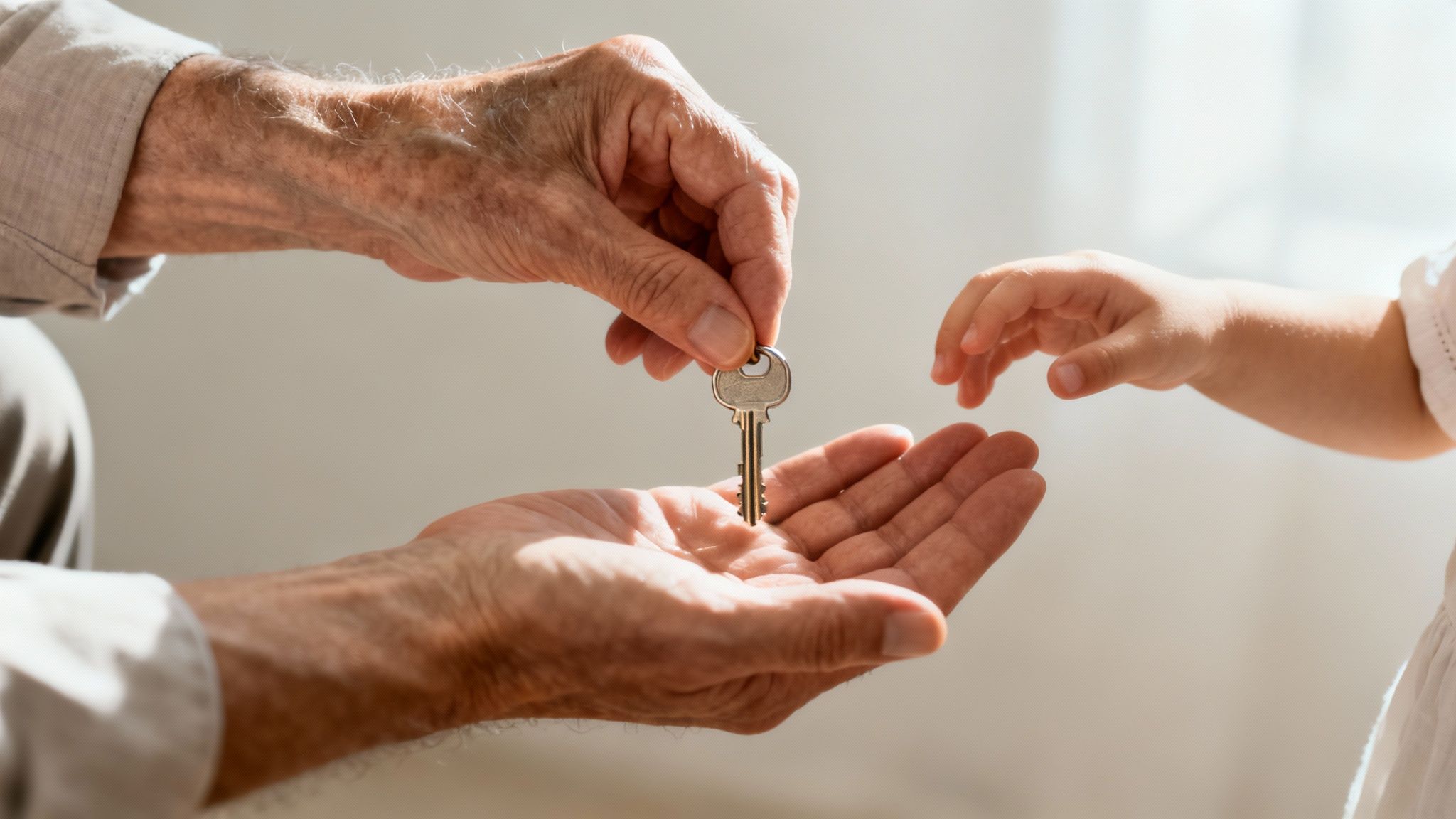 Elderly hands passing a key to a child's hands, symbolizing the transfer of responsibility and legacy in estate planning and trust fund setup.