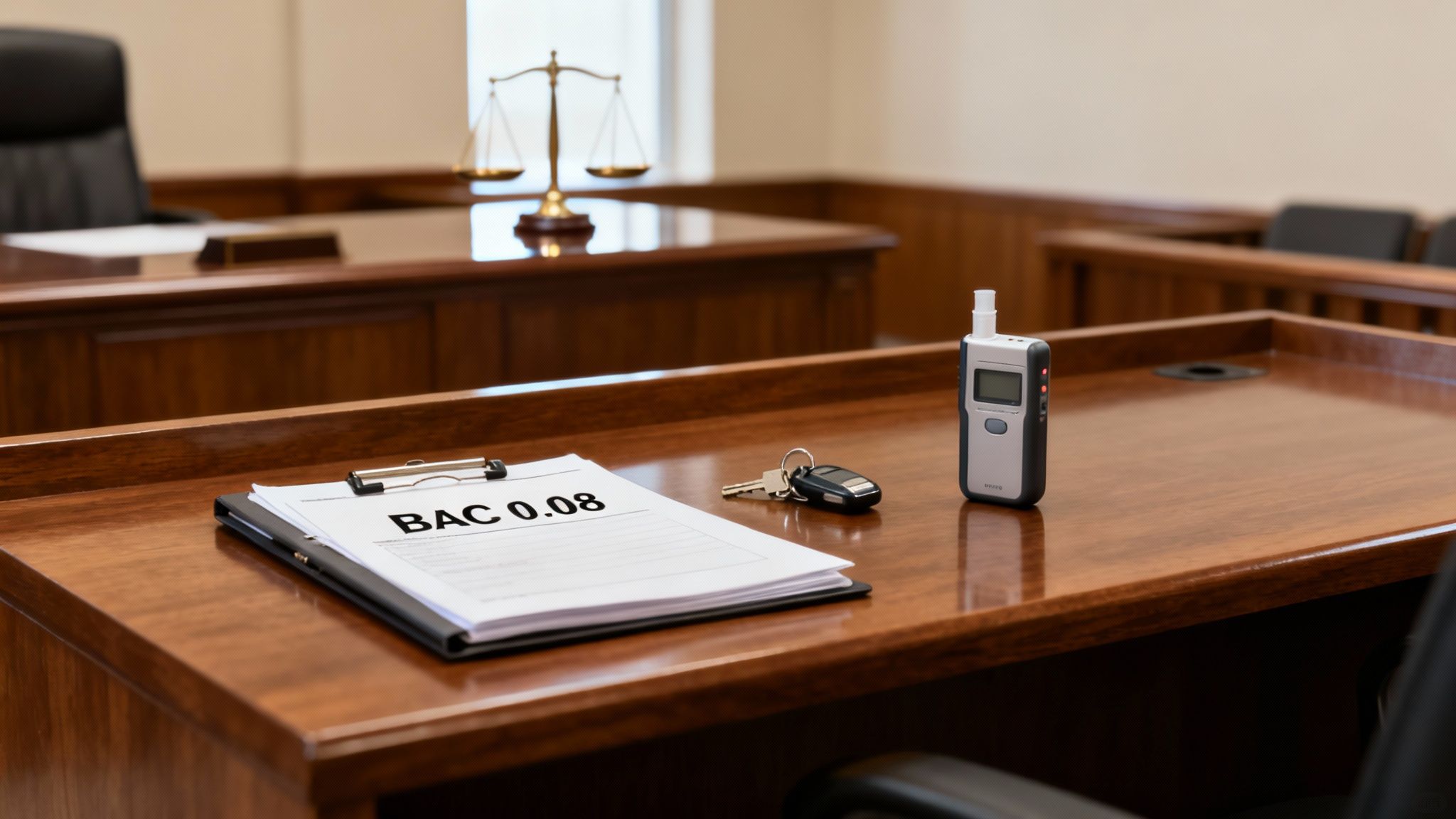 Courtroom scene with a breathalyzer, keys, and a clipboard labeled "BAC 0.08," illustrating evidence related to DUI cases in Texas.