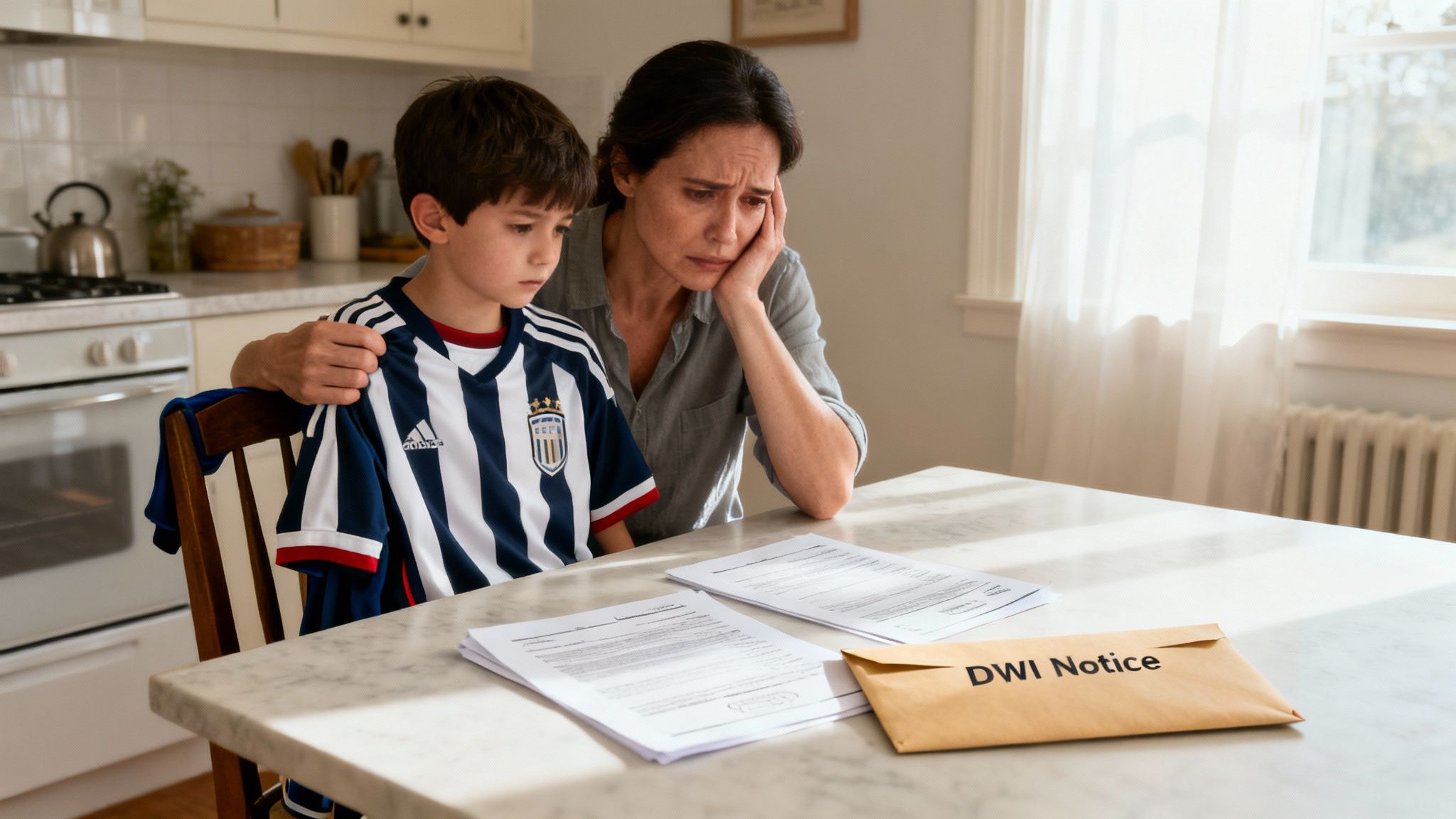 A distressed woman and a sad boy look at a 'DWI Notice' on a kitchen table, suggesting legal trouble.