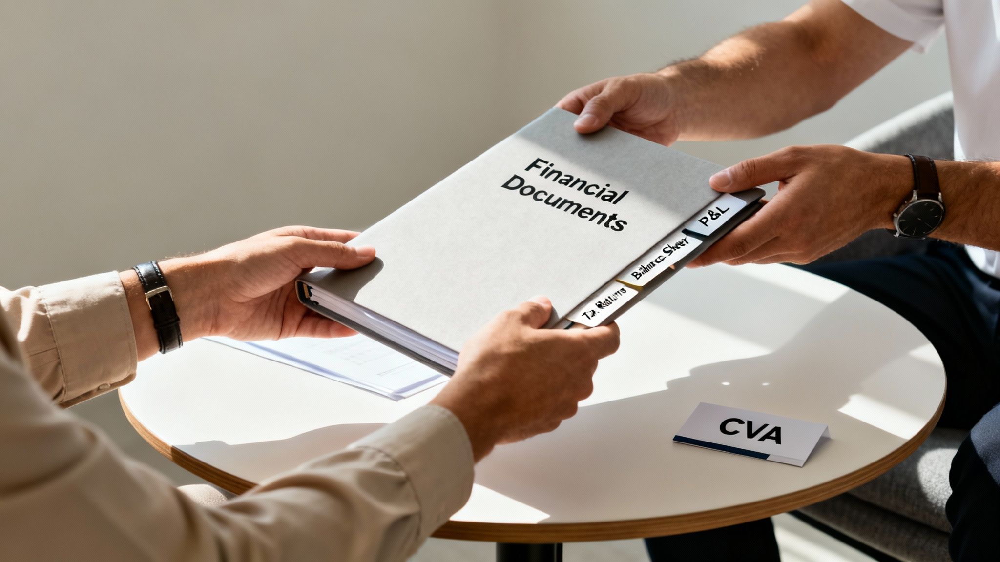 Two professionals exchanging a binder of financial documents, including tax returns, balance sheets, and P&L statements.