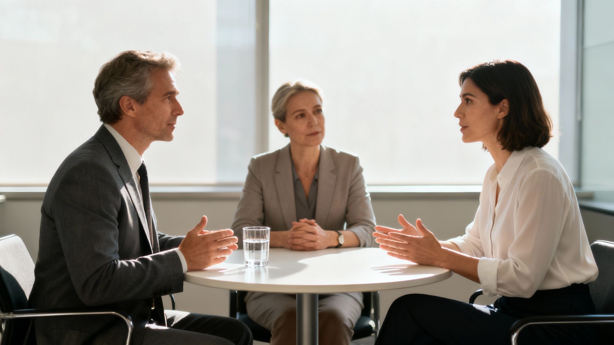 Three professionals discussing divorce mediation preparation in modern office meeting room