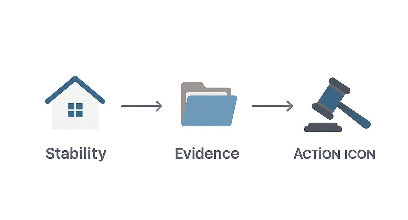 Visual flowchart showing progression from stability through evidence to legal action in custody cases