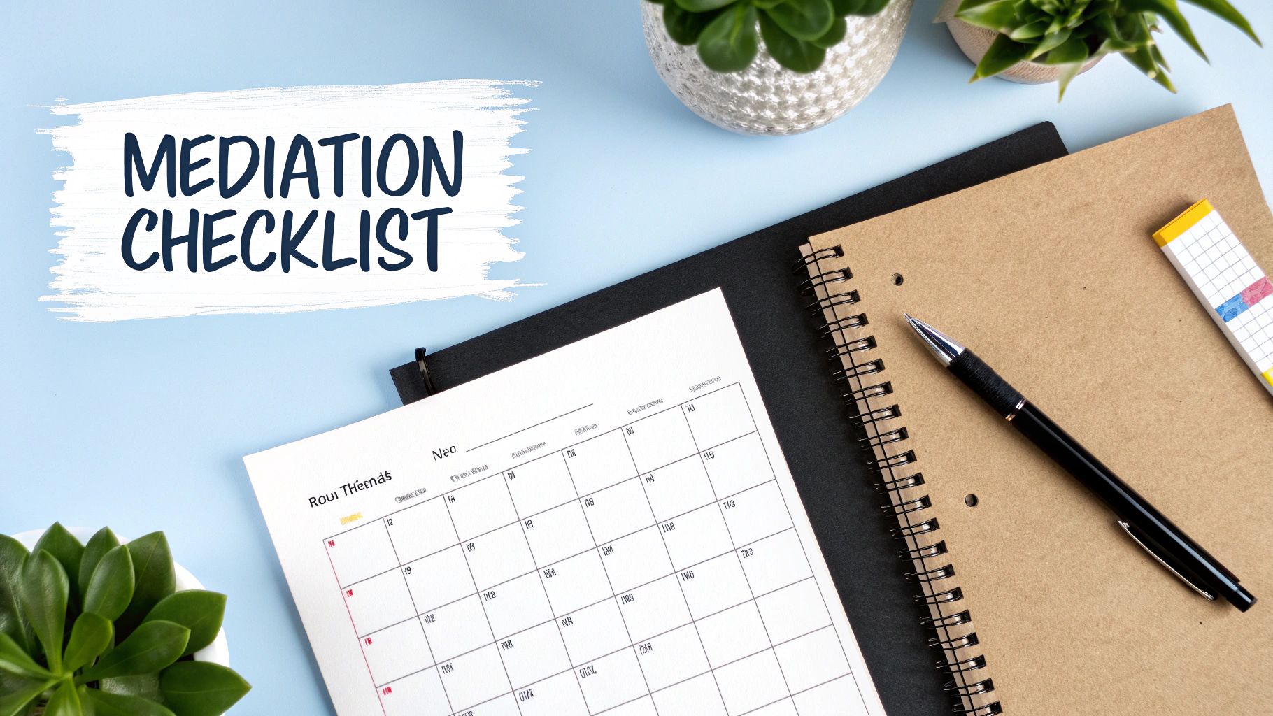 A light blue desk flat lay with a 'Mediation Checklist' sign, calendar, notebooks, and a pen.