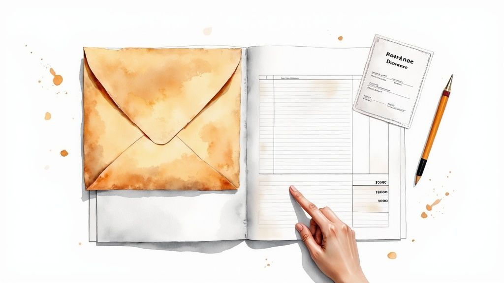 Hand pointing at a financial planning document with divorce expense breakdown, accompanied by an envelope and a pen, emphasizing budgeting for divorce costs.