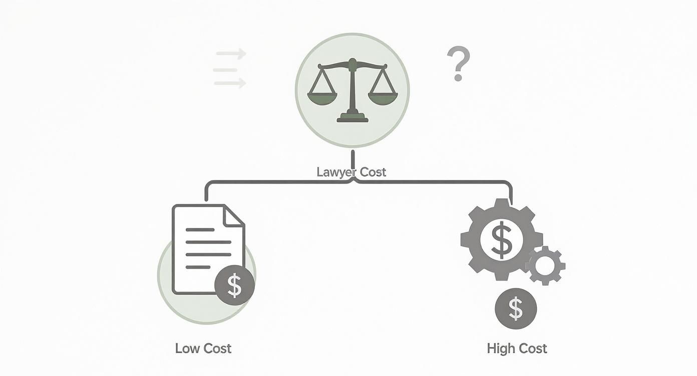 Infographic decision tree explaining how case complexity affects lawyer costs for a demand letter.