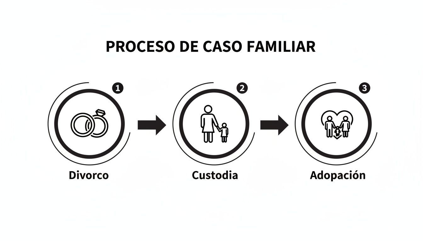 Diagrama del proceso legal de casos familiares: divorcio, custodia y adopción, con sus respectivos iconos.