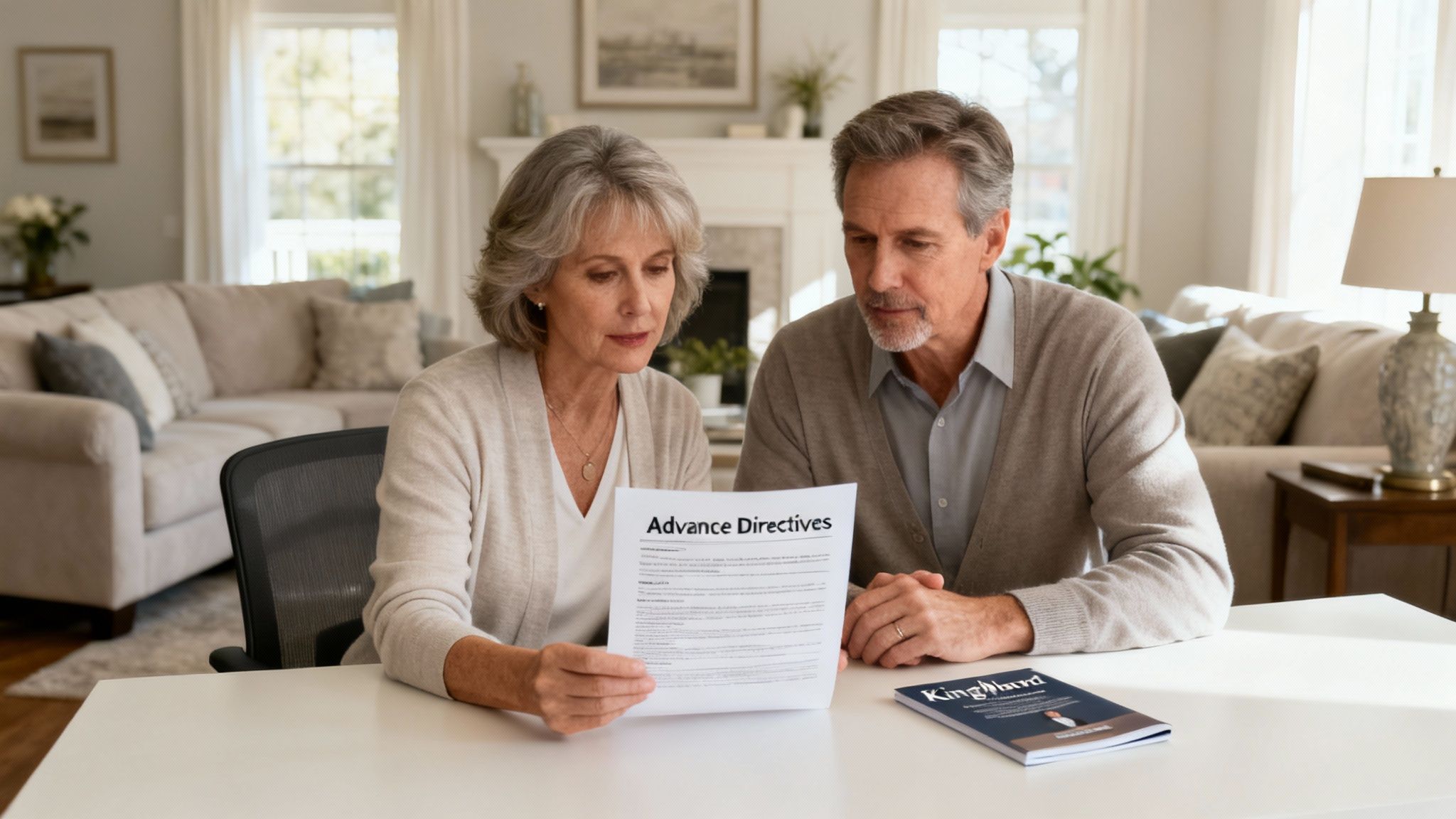Older couple reviewing "Advance Directives" document at home, discussing healthcare preferences for estate planning in Texas.