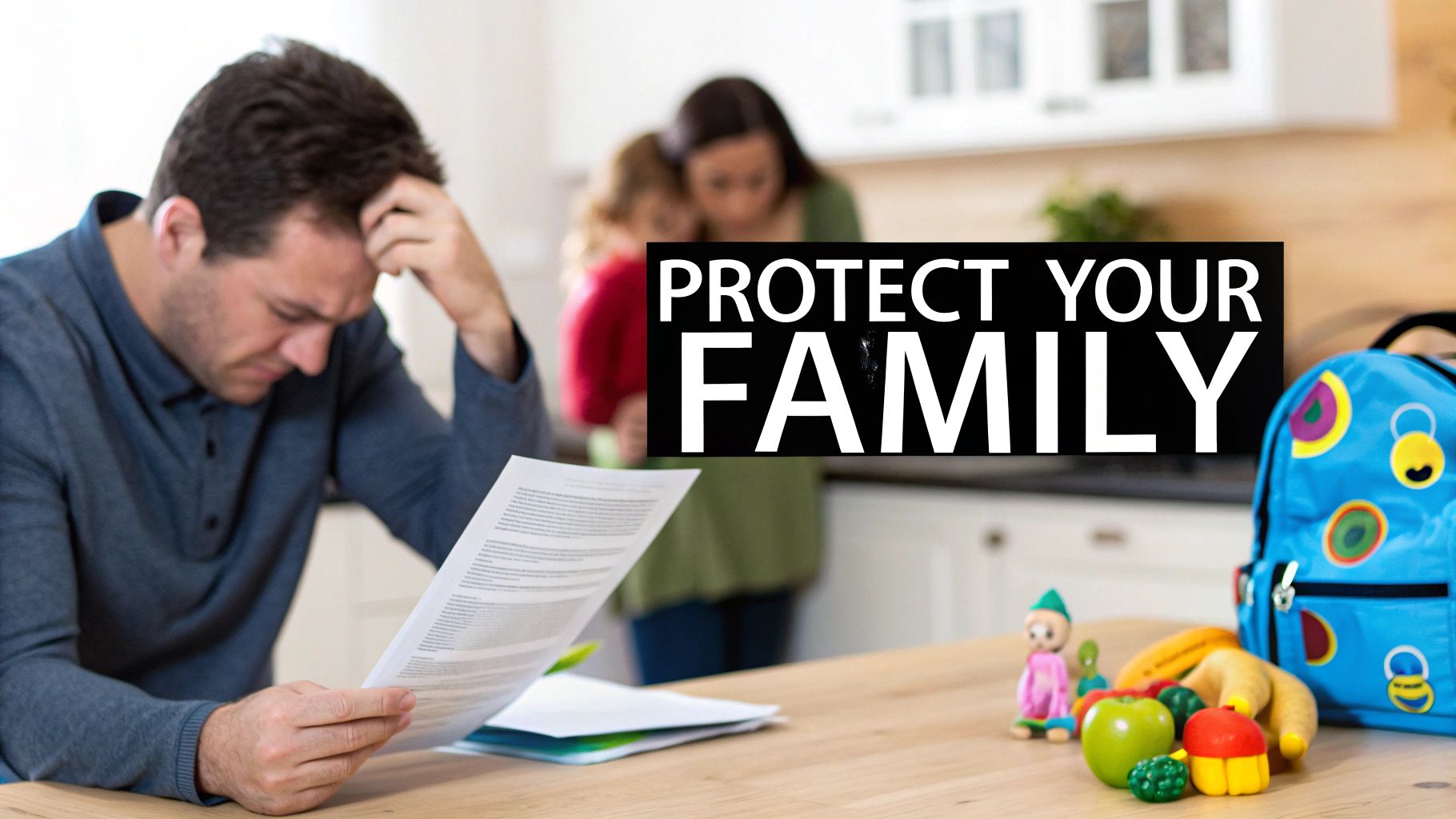 A distressed man reads documents, with a blurred family in the background and 'PROTECT YOUR FAMILY' text.