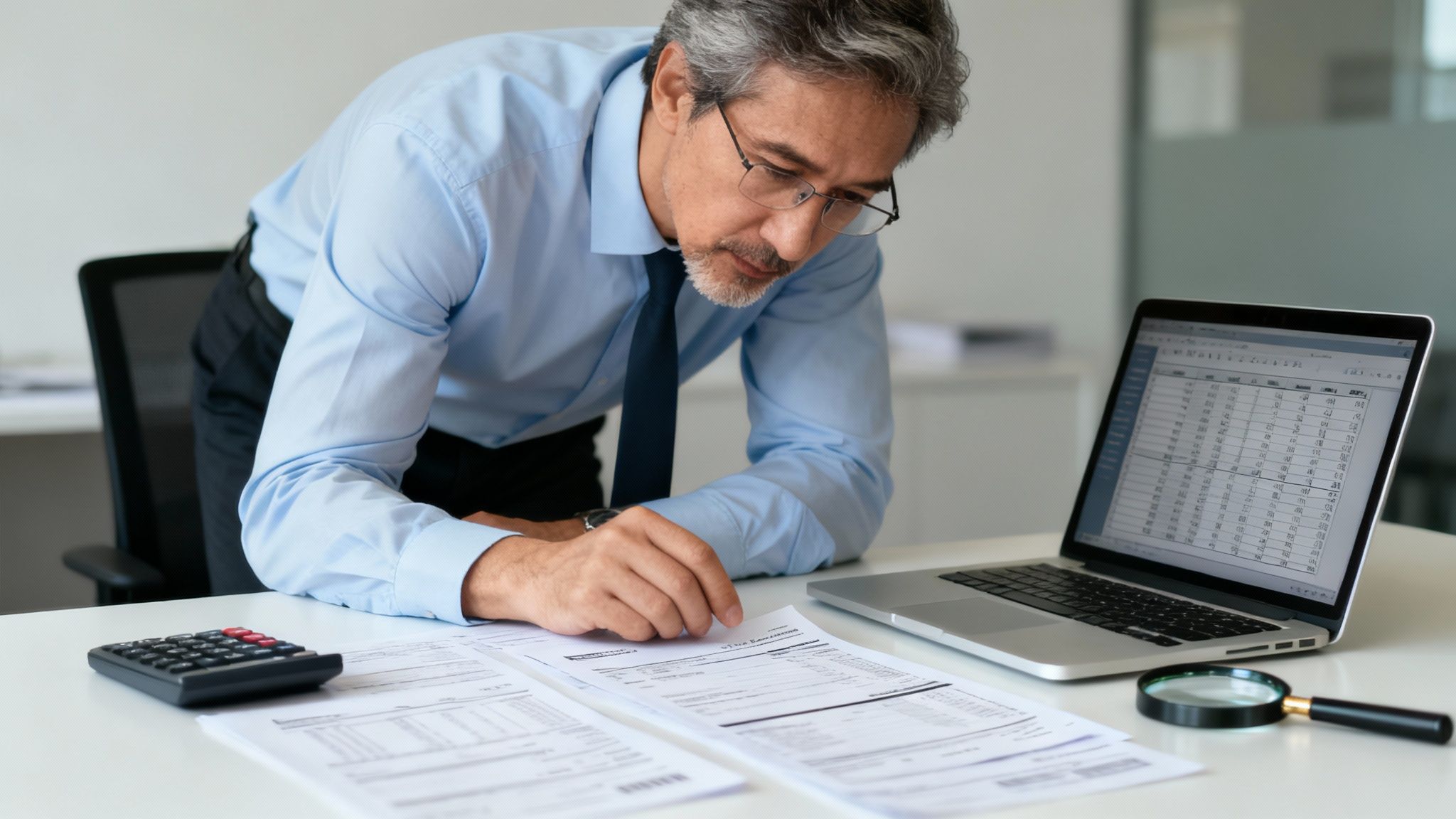 A magnifying glass hovering over financial documents, representing a forensic accountant's detailed investigation.