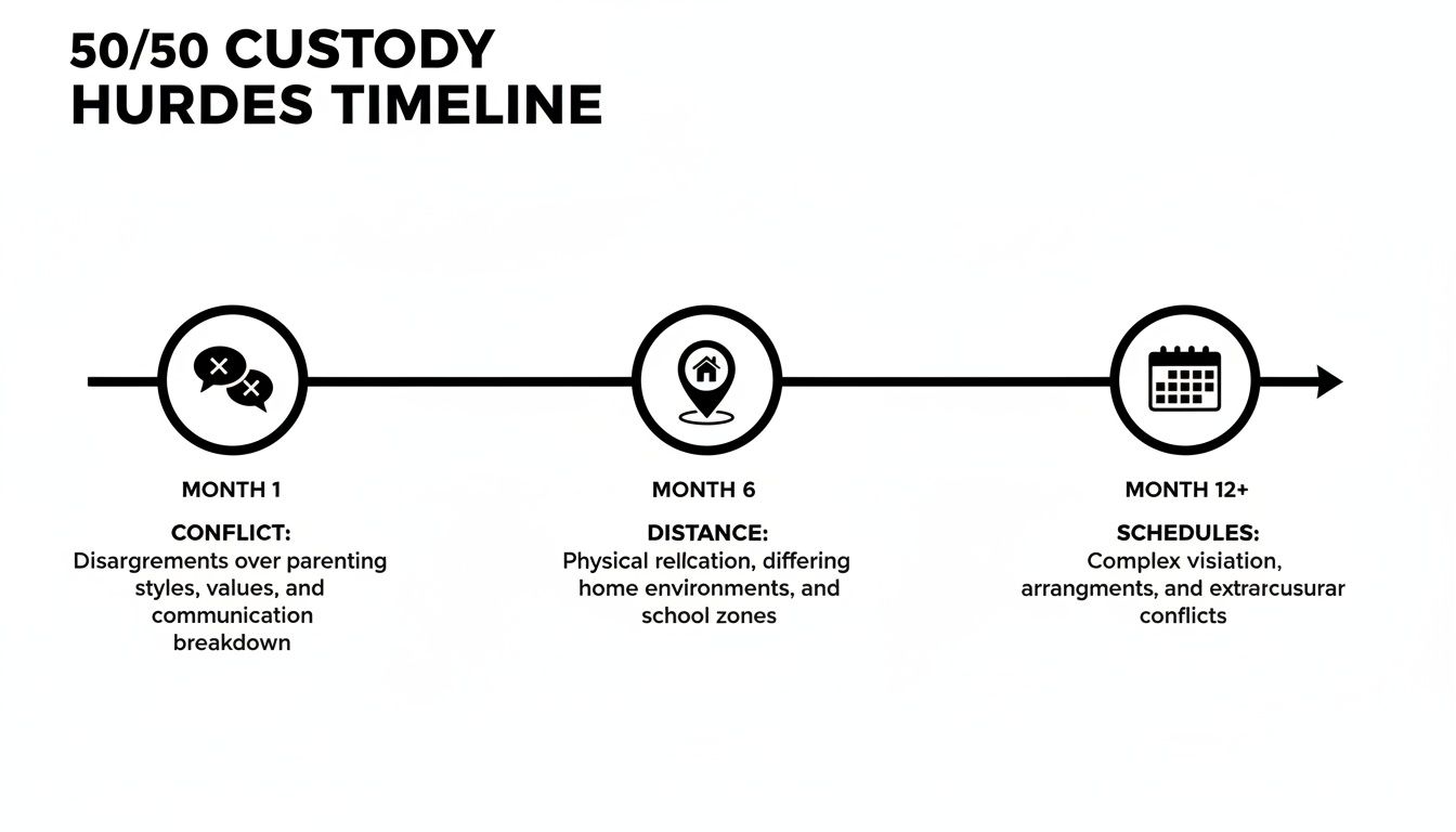 A timeline illustrating common hurdles and challenges in 50/50 custody arrangements over time.