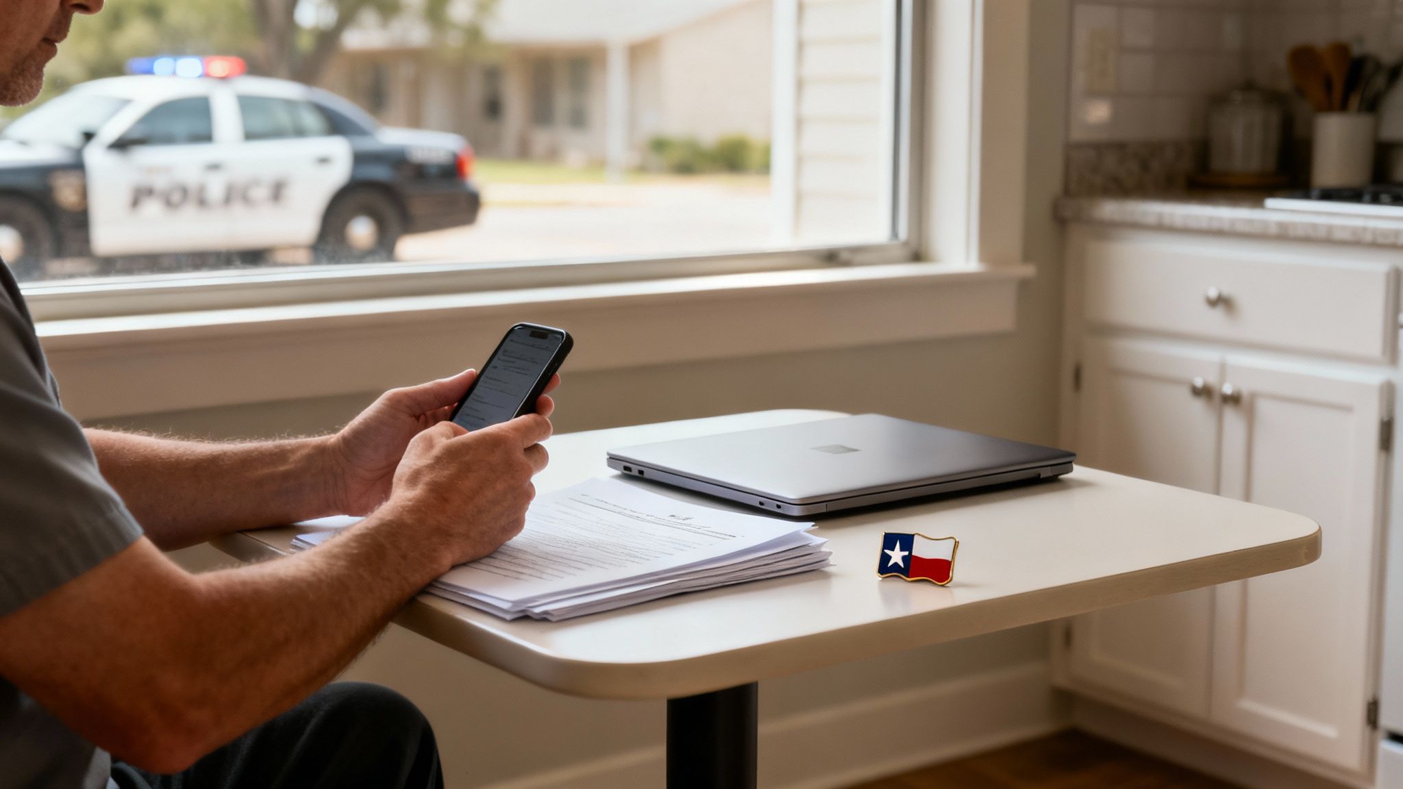 Person using smartphone while reviewing legal documents related to a DWI case in Texas, with a laptop and Texas flag pin visible, police car in background.