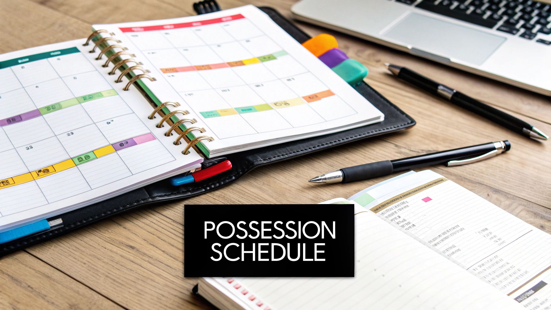 A parent and child looking at a calendar together, symbolizing the creation of a visitation schedule.