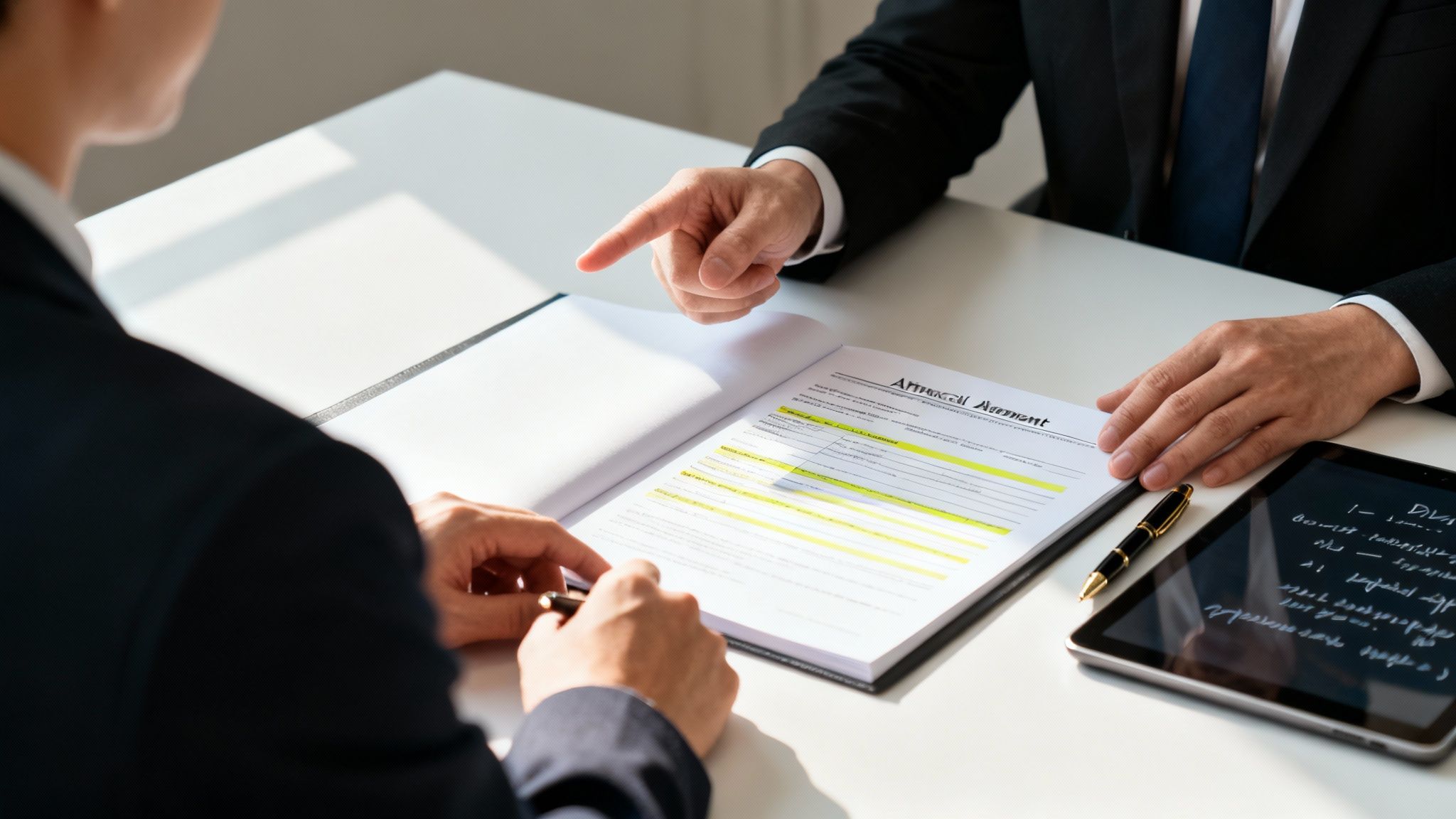 Two professionals in suits reviewing a legal document with highlighted sections during a consultation.