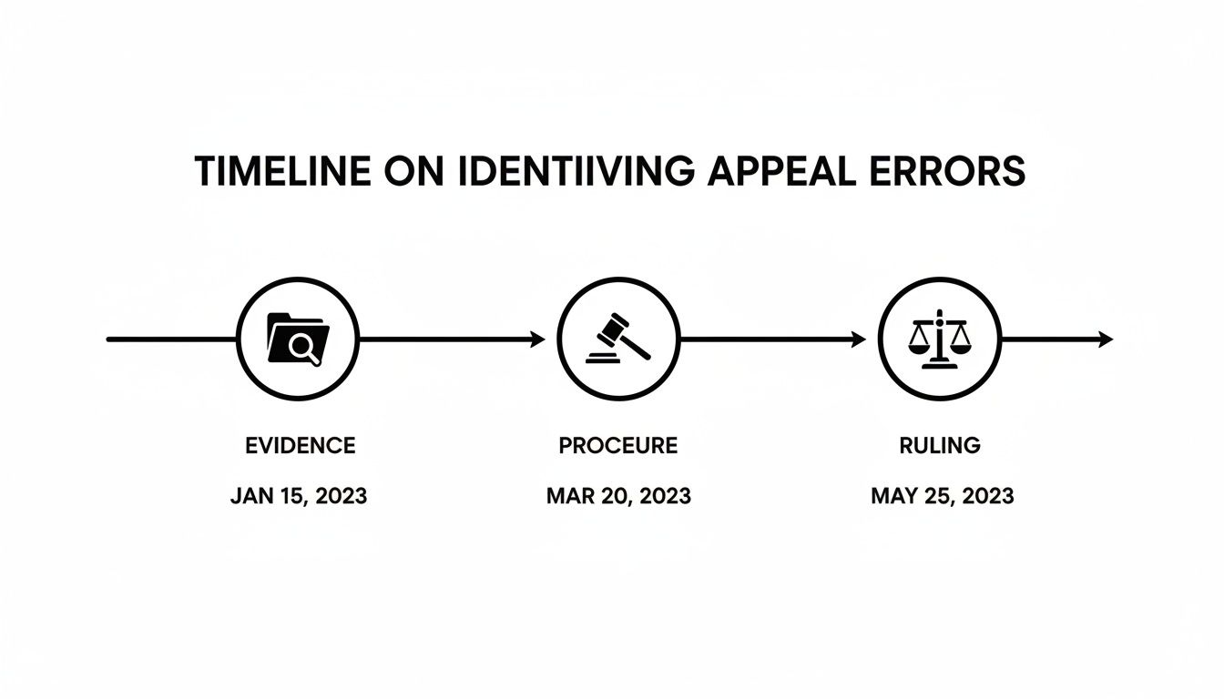 A clear timeline details steps for identifying appeal errors, showing evidence, procedure, and ruling stages with dates.